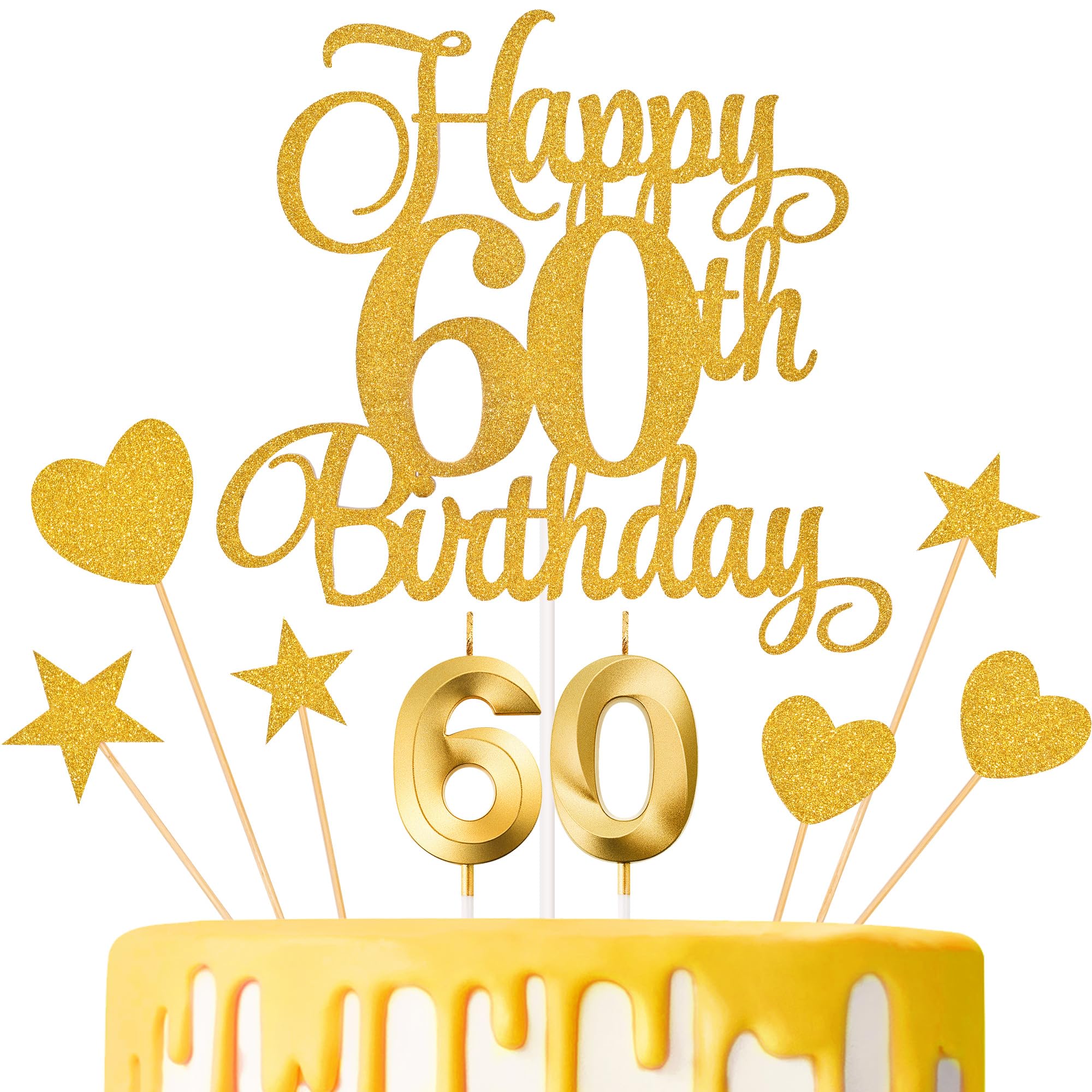 Lecferrarc 60th Birthday Cake Toppers, 60th Birthday Candles Numeral Candles and Glitter Cake Decorations Toppers Set for Party Supplies (Gold)