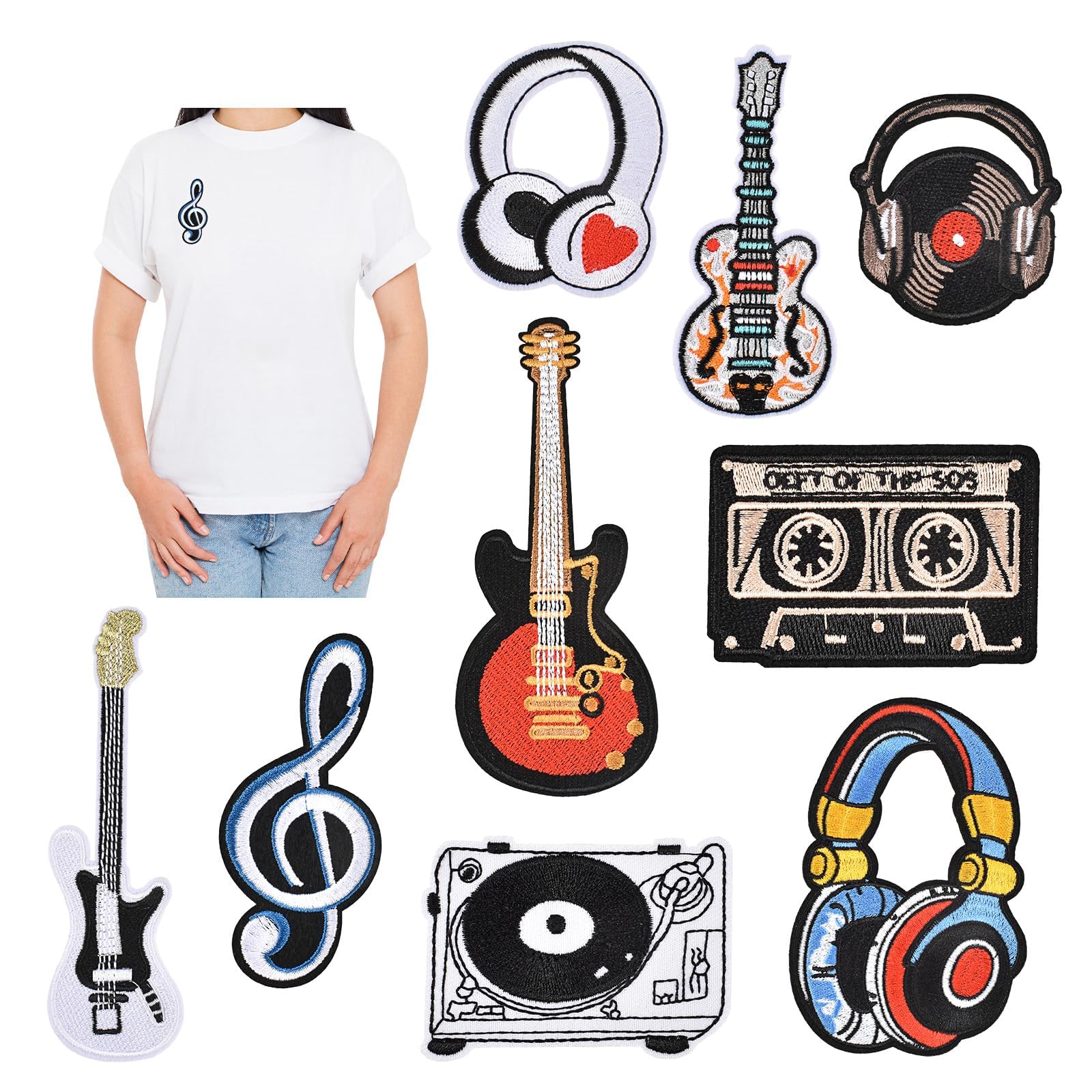 Azonee Music Series Embroidered Patches Clothes Iron On Patches Jackets Hop DIY Sew On Repair Patches for Jeans Hats Shoes Bags DIY Embroidery Patch Sewing Craft Decoration 9 PCS