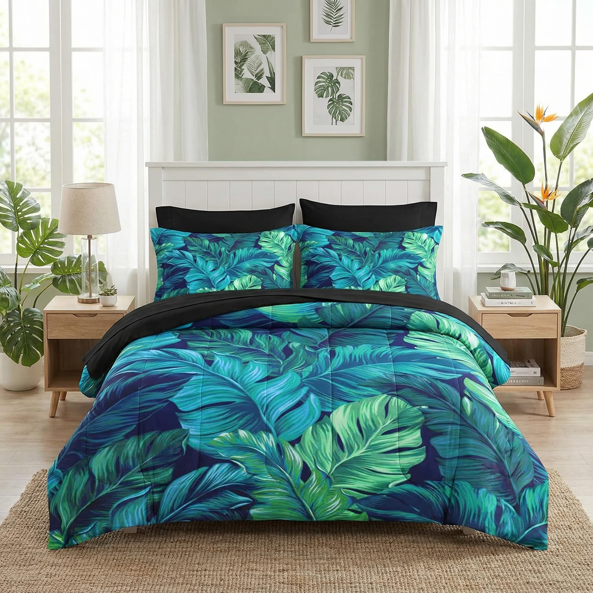 7 Pcs Queen Size Comforter Set with 2 Pillowcases & 2 Shams, Tropical Palm Leaf Bedding for Kids and Adults, Green Turquoise Bed in a Bag with Flat Fitted Sheet