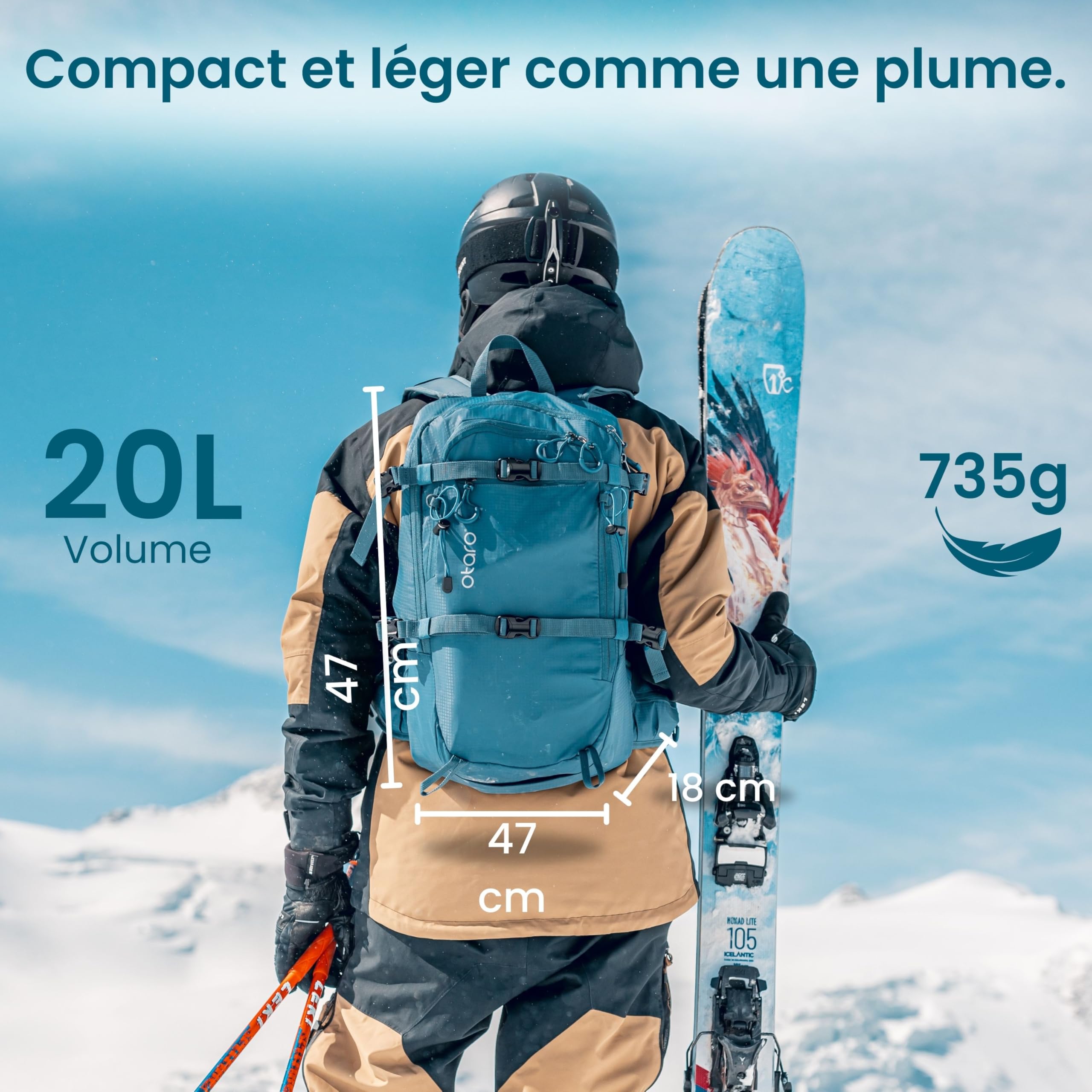 Otaro Sac à Dos Skis (20 l) - Ultra léger - Equipement Ski Homme - Accessoire Ski Homme et Femme - pour Le Ski, Le Cyclisme, Le Camping - Sac à Dos de vélo