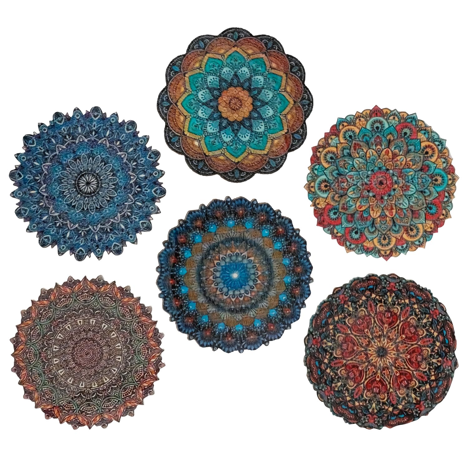 Tabanzhe Multicolored 6Pcs Mandala Coasters Set,Non-Slip Cork Drink Coasters Heat Resistant Beer Mats Round Woven Cup Pads For Coffee Mug, Wine Glass, Bottle,Table Protection For Home Bar Pub