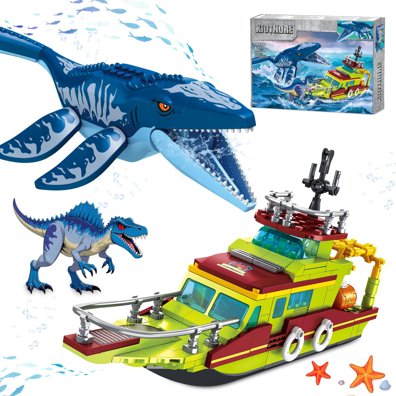 3 IN 1 Ozean Explore Dinosaurier Bauspielzeug Kompatibel mit Dinosaurier Park World, Schiff Boot & Mosasaurus Spinosaurus Dino Spielzeug für Kinder Jungen 6–12 Jahre, Geburtstags Geschenke Jungen