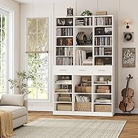 HOSTACK 75" Tall Bookcase with 3 Drawers, 47" Wide Modern 9-Tier Adjustable Bookshelf, White Wood Display Cabinet for Living Room Office