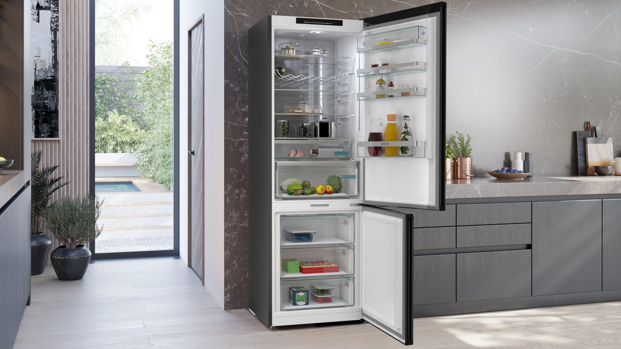 Siemens KG49N4XAF, iQ500, Freistehende Kühl-Gefrier-Kombination, Gefrierbereich unten, 440 l, Total noFrost, hyperFresh, extrem leise, LED Beleuchtung, 203 x 70 cm, Gebürsteter Stahl AntiFingerprint