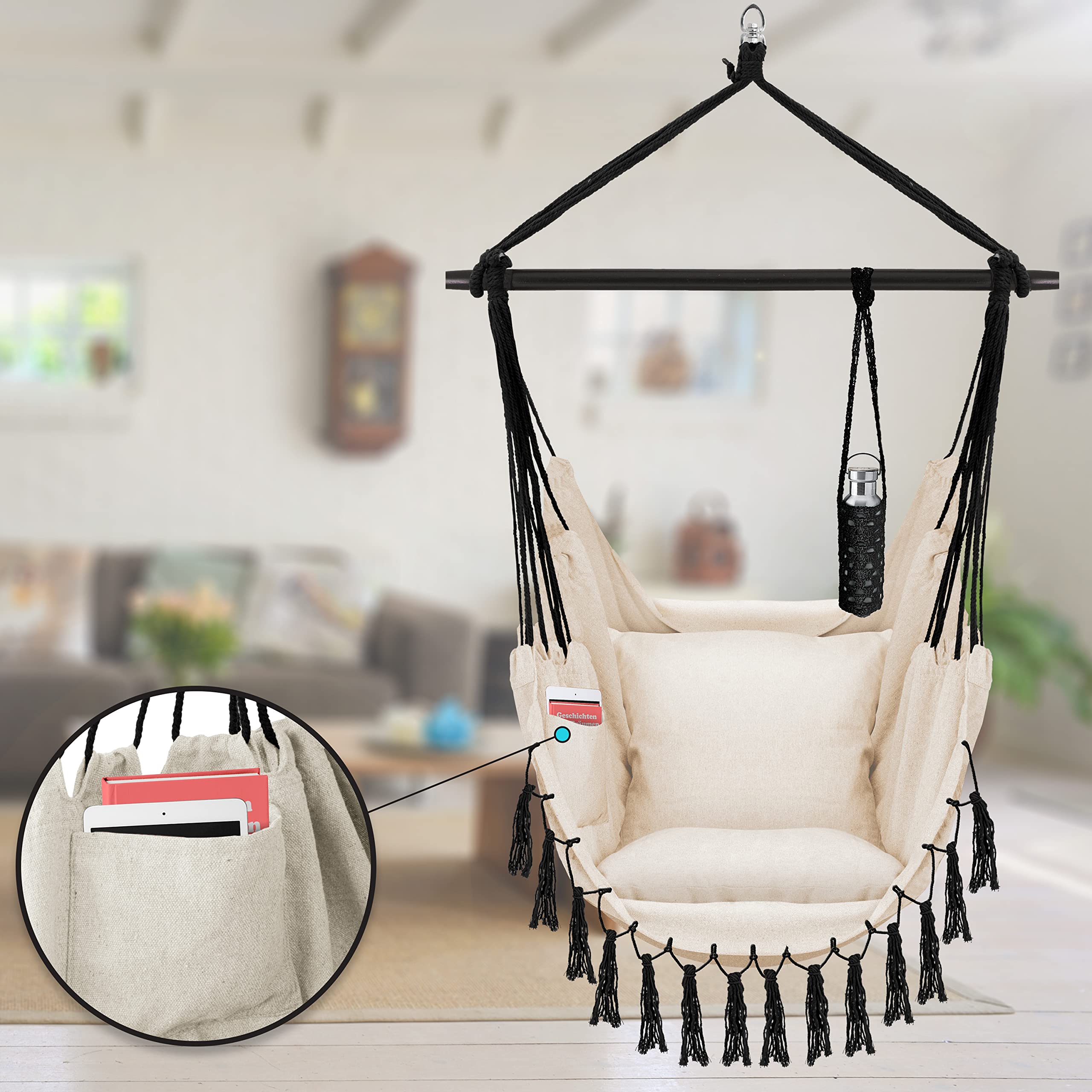 KESSER® Silla Colgante con 2 Cojines, portabebidas y Compartimento para Libros, Silla Colgante Safari XXL para Adultos y niños, Hamaca de hasta 150 kg, para Interior y Exterior, jardín, Beige