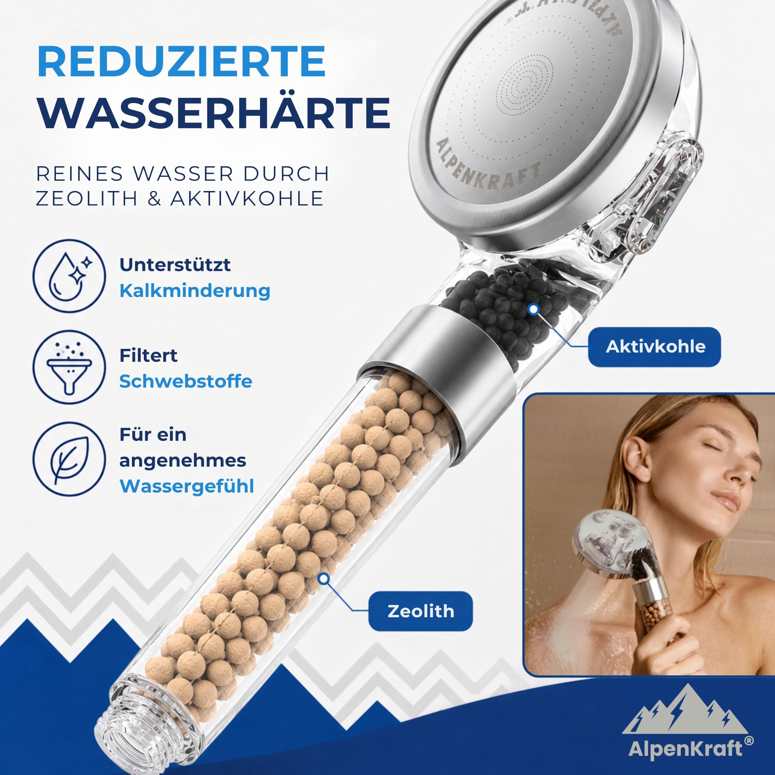 Zugspitze Duschkopf Original Made in Germany - Duschkopf wassersparend und druckerhöhend - Hochdruckduschkopf mit Aktivkohle und Zeolith Filterperlen