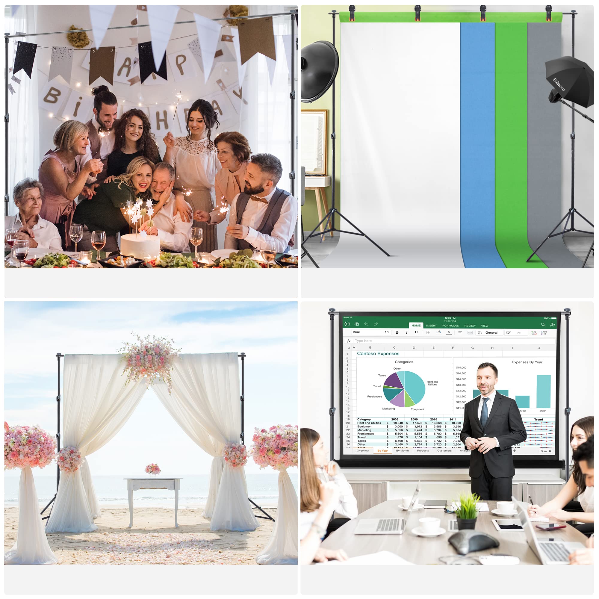 Soporte de Fondo 2,8x3M Kit de Soporte Ajustable con 6 Pinzas de Resorte y 2 Bolsas de Arena para Estudios de Fotografía Fiesta y Boda