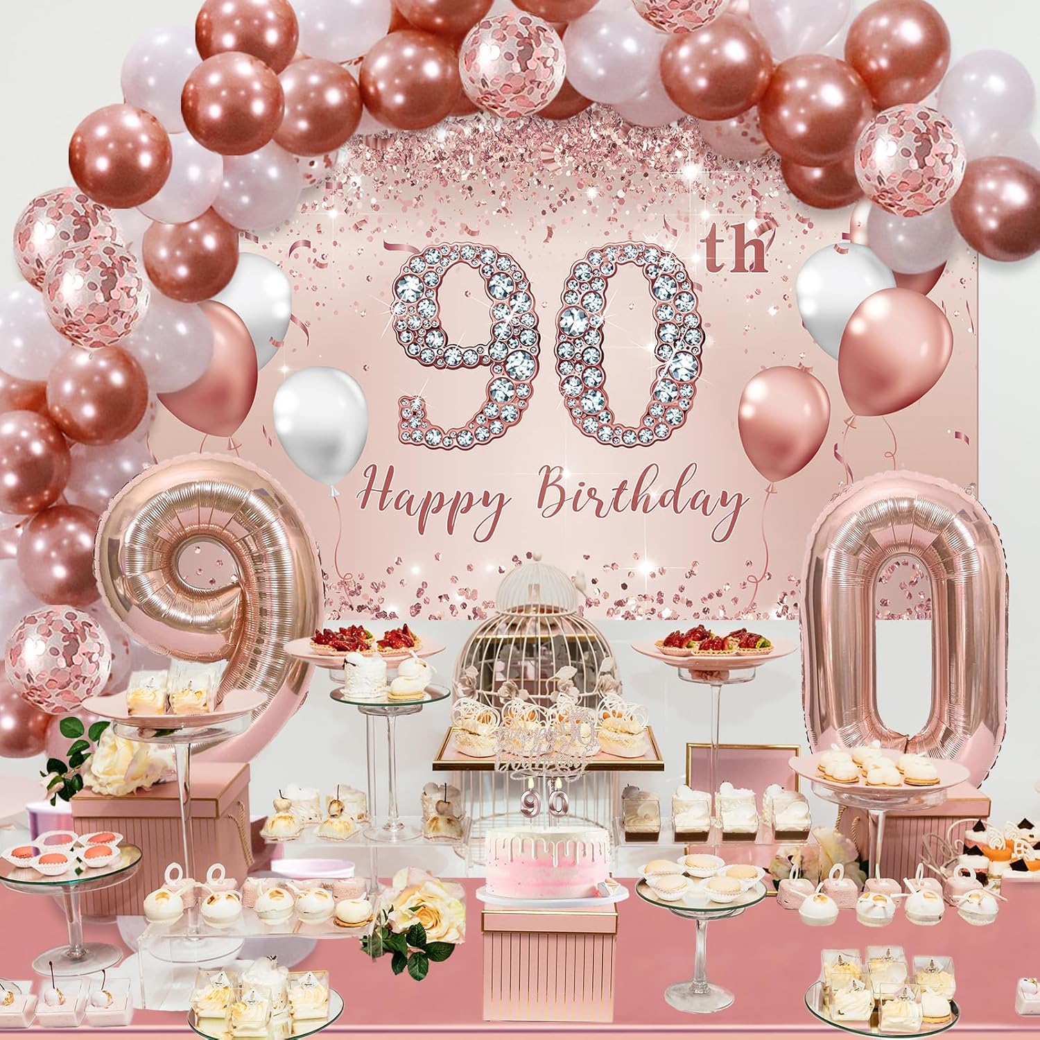 Trgowaul 90th Birthday Decorations Balloon Set Women's Arch, Rose Gold 90th Birthday Banner and Party Tablecloth, Belt and Tiara, Pink Gold 90th Balloon, Pink Birthday Cake Top, Latex Balloon * 60 - Image 5