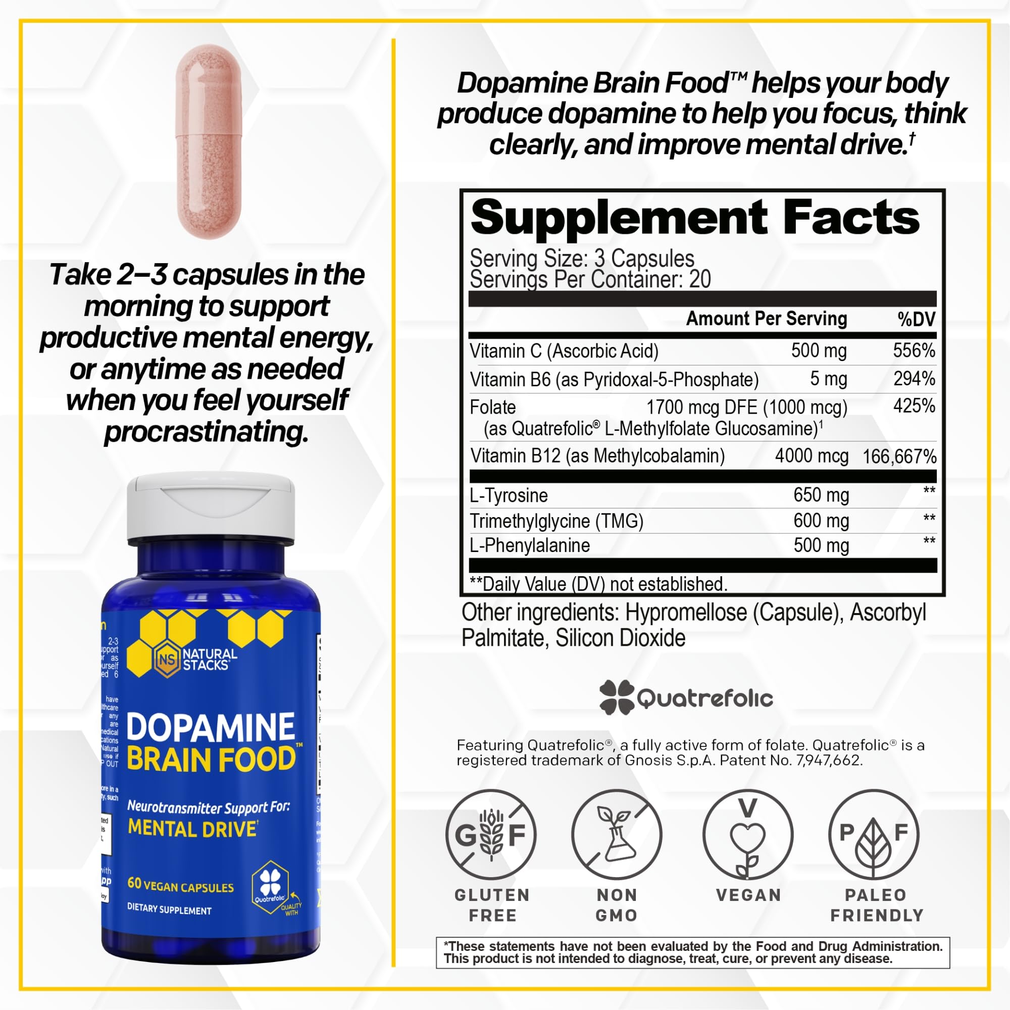 Dopamine Brain Food, Focus & Mental Drive Support w/ L-Tyrosine, 120 Count — Amazon image 3