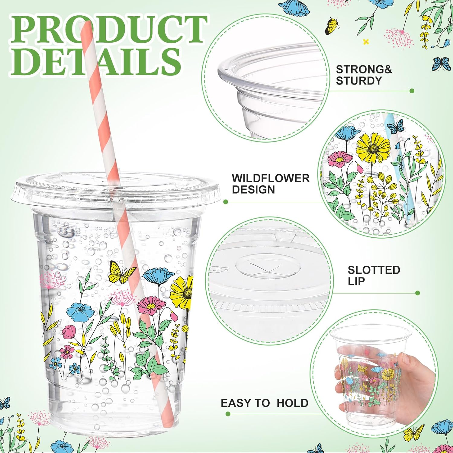 50 Pcs Spring Wildflower Disposable Cups with Lids and Straw 12 oz Floral Plastic Cups Flower Drinking Cups for Spring Summer Birthday Tea Party Baby Shower Party Supplies - Image 3