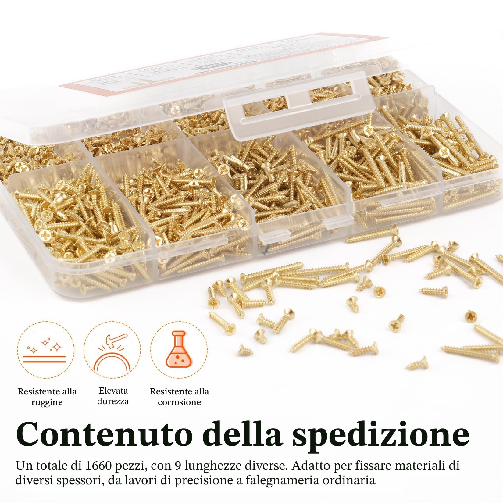 1660 Pz M2 Viti per Legno, Set diViti Autofilettanti per Legno, Piccole Viti a Testa Piatta a Croce, Kit AssortimentoViti a Testa Svasata Croce per Cartongesso Plastica Mobili Modellismo(Oro)