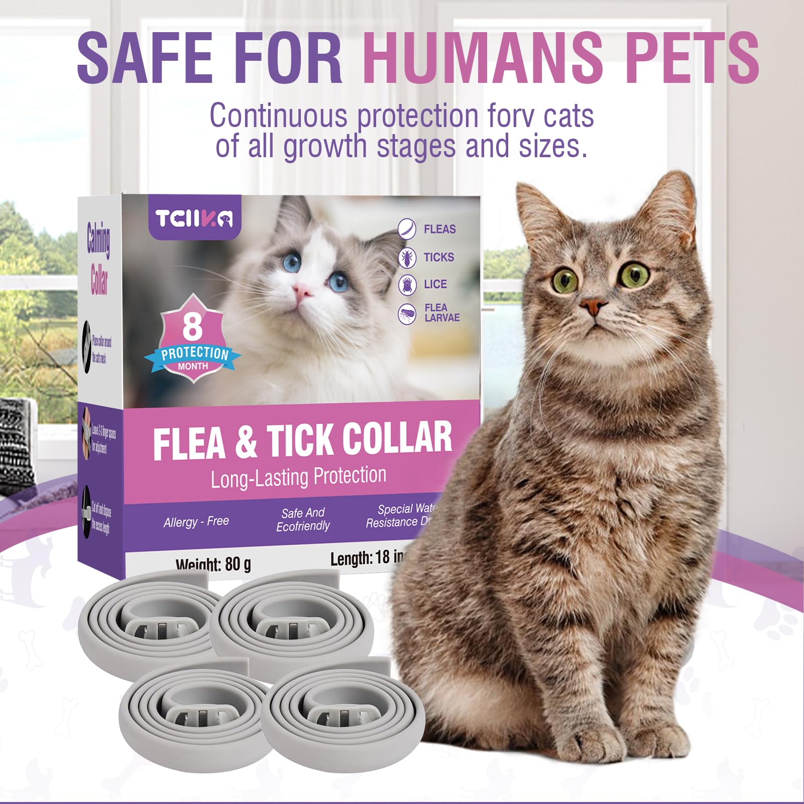 Collar Antiparasitario Gatos Collar Antipulgas Gatos 4piezas Collar Antipulgas y Garrapatas para Gatos Collar Antiparasitario 8meses de ProteccióN Duradera Impermeable TamañO Ajustable Collares Pulgas