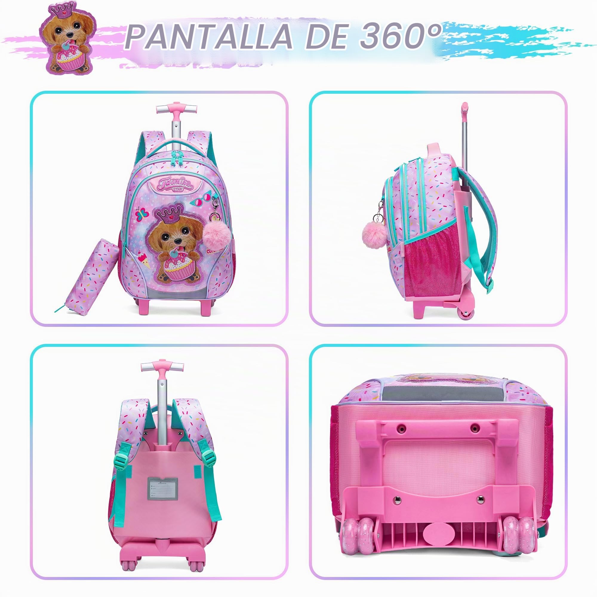 HTgroce Mochila Escolar con Ruedas Niña, Mochilas Escolares Con Ruedas,Traiga un Estuche para lápices y una Bolsa para el Almuerzo