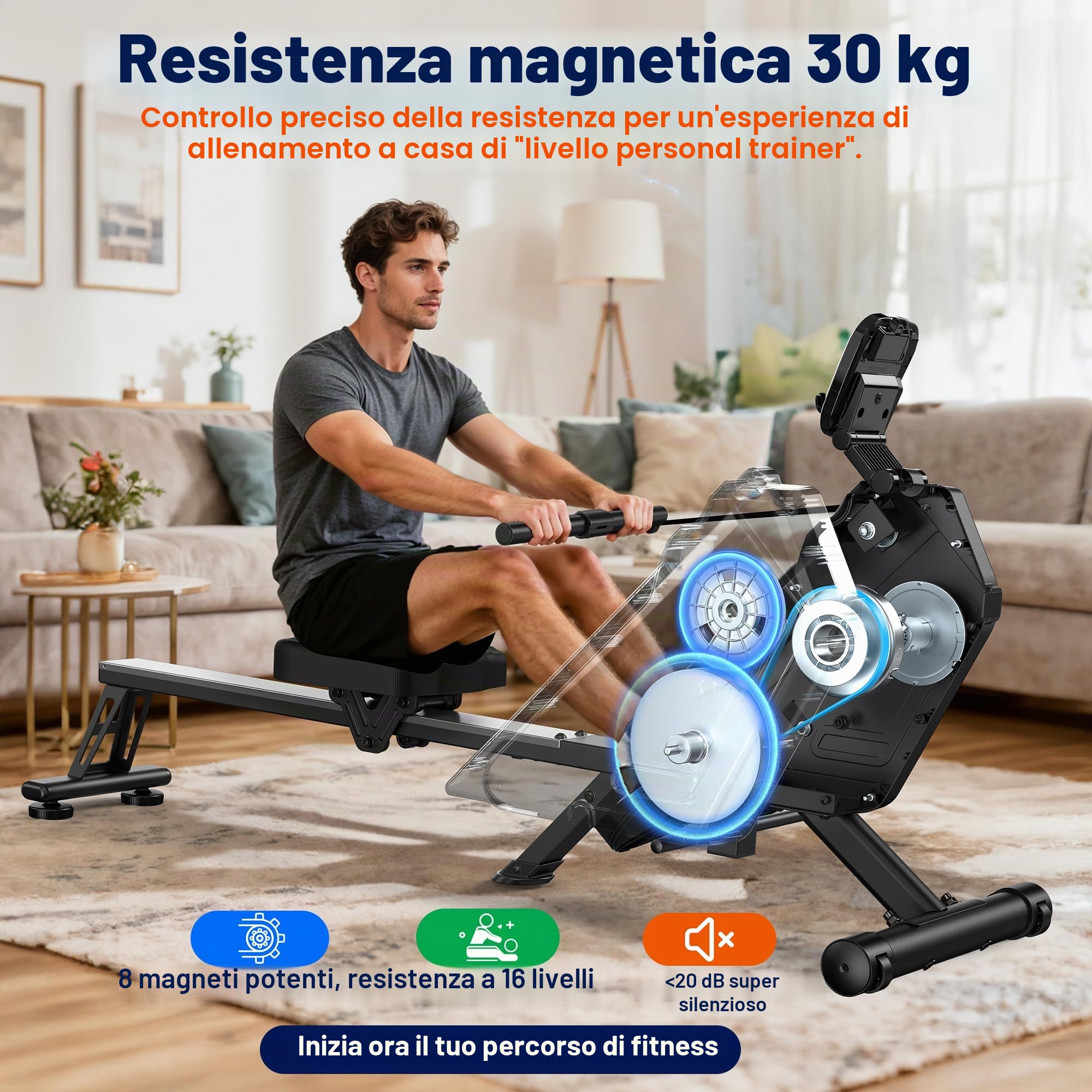 Vogatore domestico - 16 livelli di resistenza, vogatore magnetico silenzioso con app, portata 160 kg, facile da montare, compatto e salvaspazio