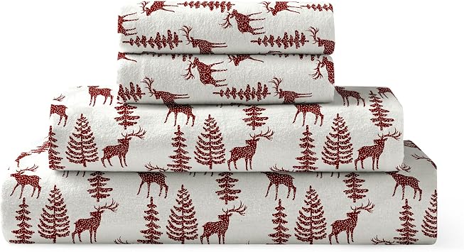 Brielle Home Flannel Sheet Set Cotton Soft Warm & Cozy Modern Chic with Elastic Deep Pockets, King, Deers Red