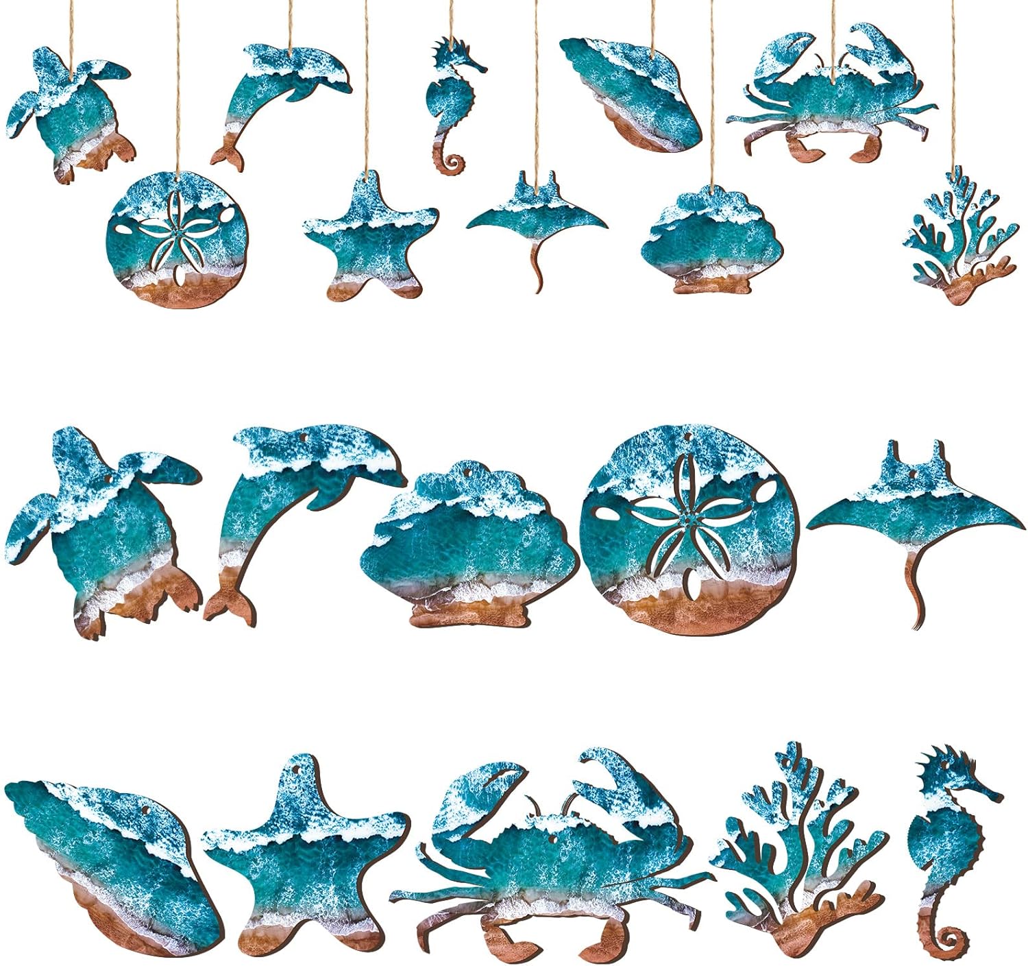 30 Pcs Summer Wooden Ornaments Ocean Beach Tree Decorations Coastal Wood Hanging Decor Beach Sea Animals Cutouts Ocean Hanging Ornaments forSummer Home Small Tree Party Office Supplies