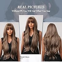 Vista 5 de Allbell - Pelucas marrones para mujeres negras, largas, onduladas, ombré, color rubio, con flequillo, pelucas sintéticas de cabello de reemplazo