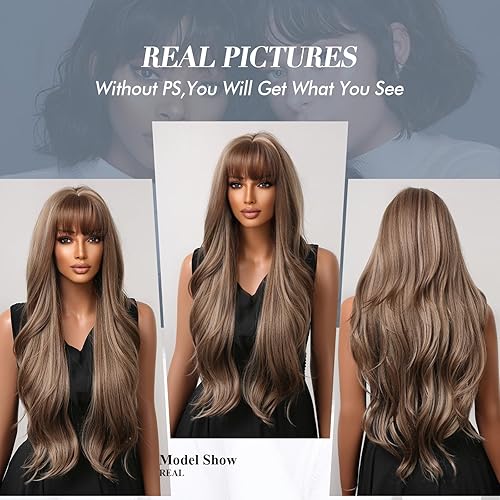 Miniatura 5 de Allbell - Pelucas marrones para mujeres negras, largas, onduladas, ombré, color rubio, con flequillo, pelucas sintéticas de cabello de reemplazo