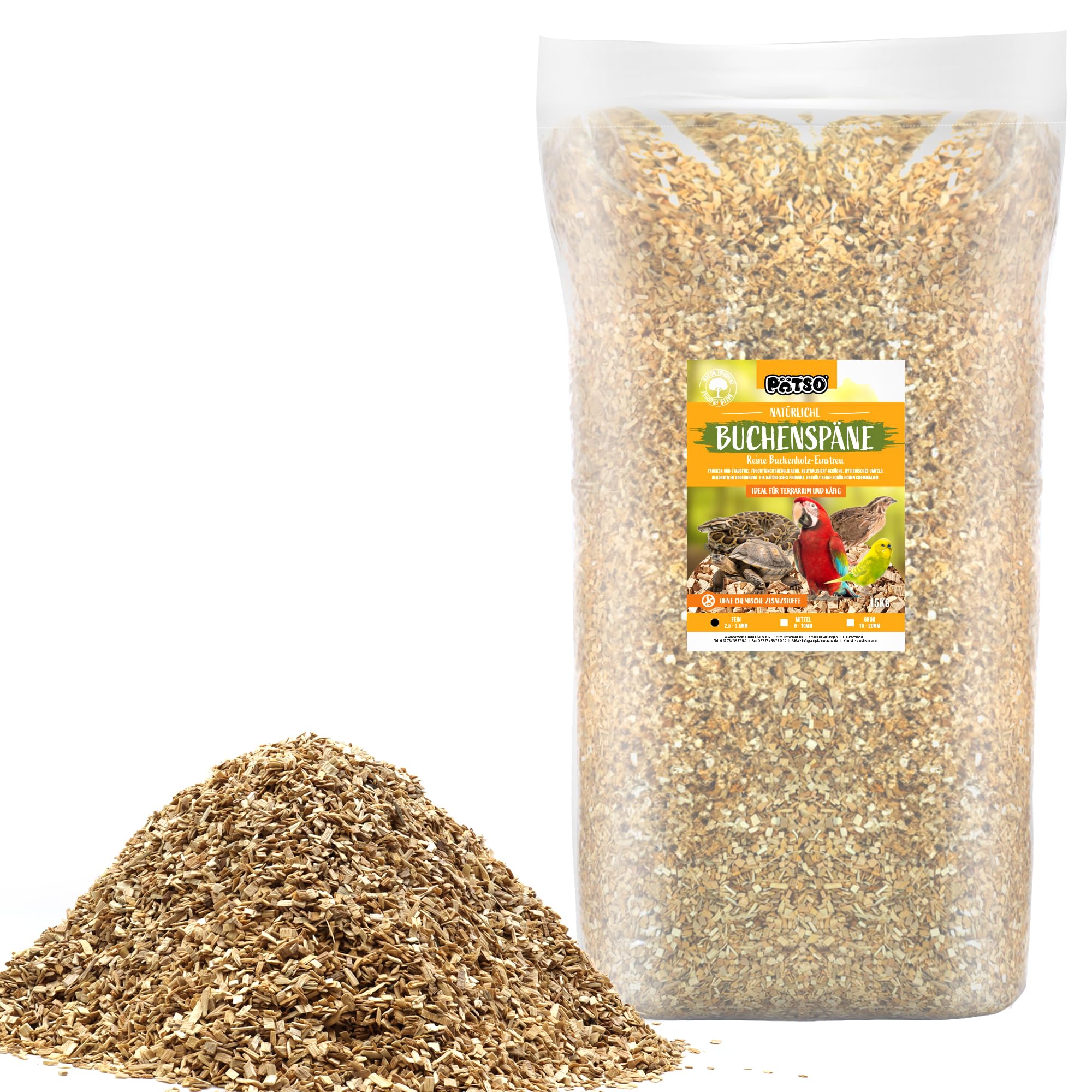 PÄTSO 15kg Buchenspäne Einstreu für Terrarium, Stall, Voliere - FEIN MITTEL GROB - Natürliche Buchenhack geeignet für Reptilien, Nager, Vögel (FEIN 2,5-3,5mm)