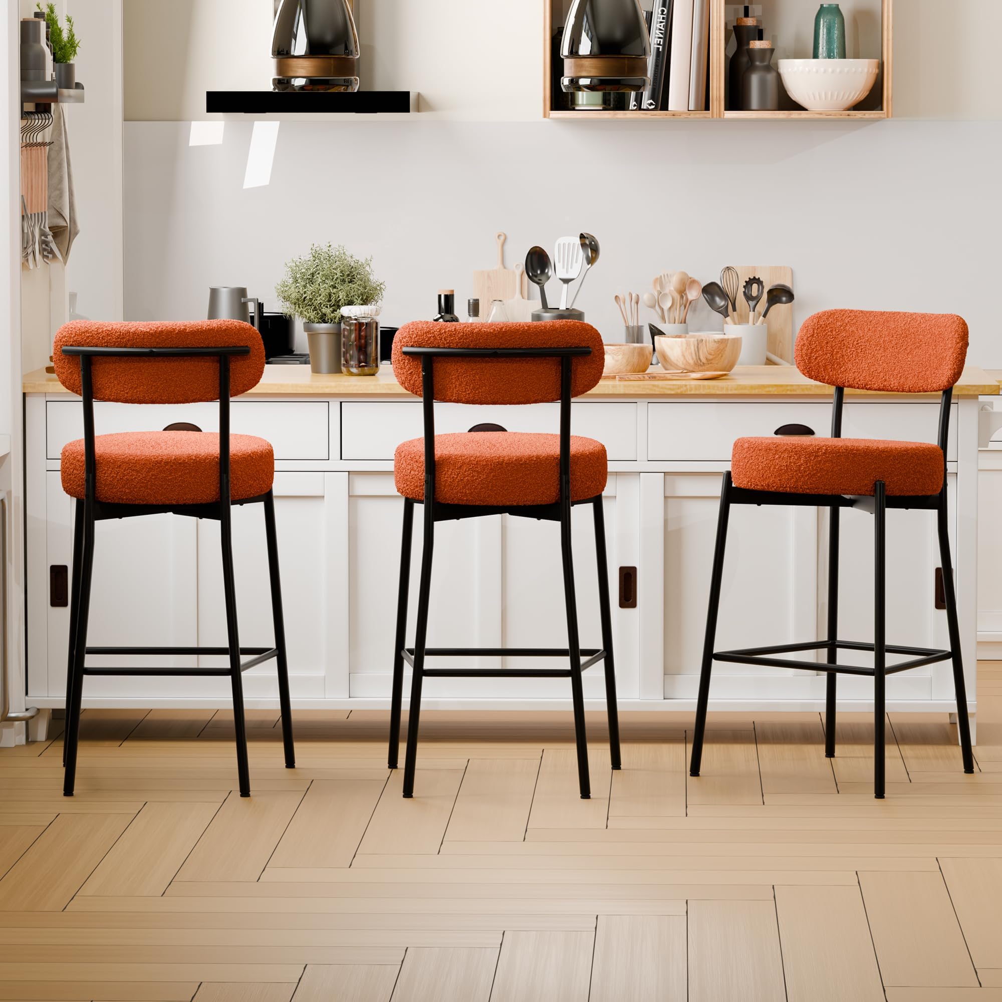 DYHOME Bar Stools Set of 3,Burnt Orange Counter Height Bar Stools, 28 Inches Modern Boucle Barstools,Upholstered Bar Chairs for Kitchen Island,Club,Coffee