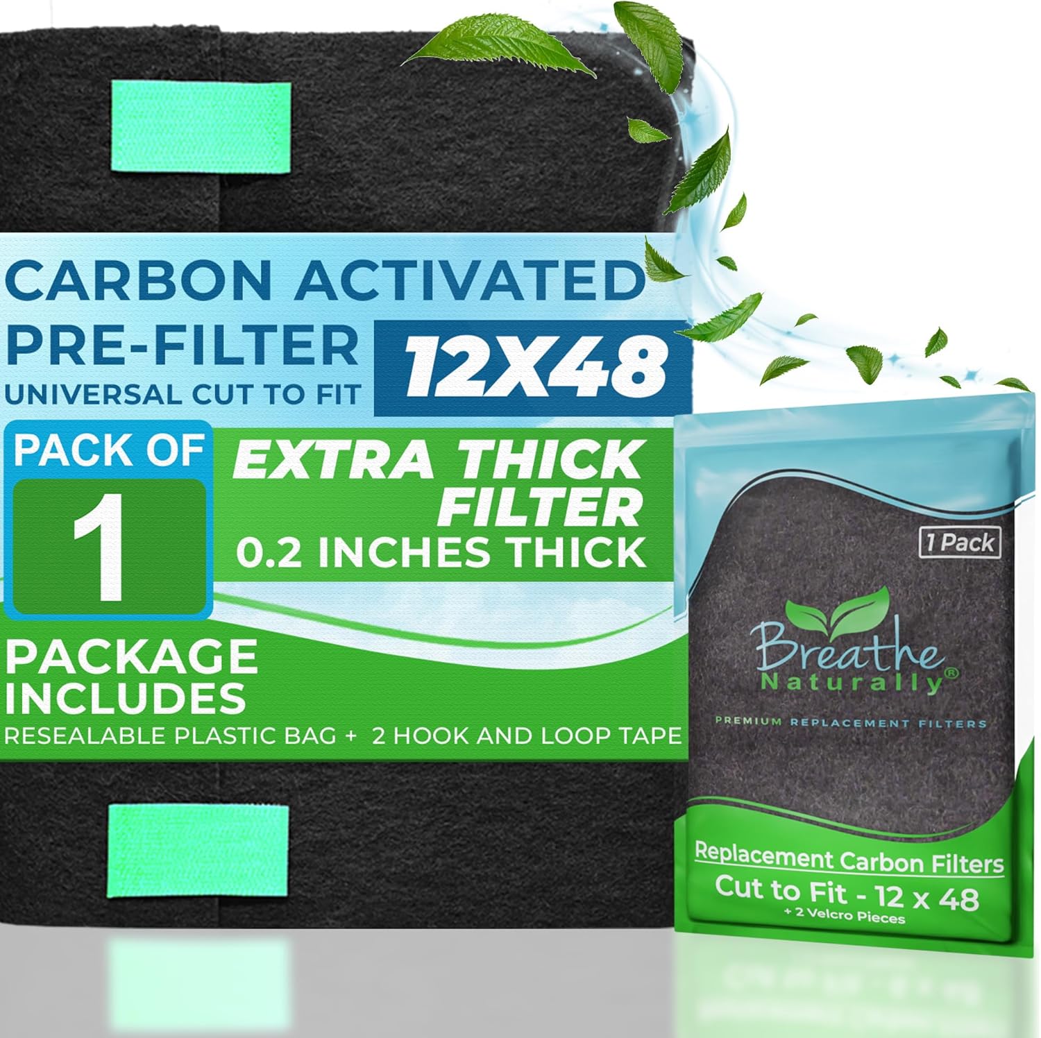 Breathe Natually Universal Cut To Fit Carbon Activated Air Filter - Replacement Charcoal Filters - Pre Filter Carbon Sheet for Air Purifier, Vent Filters & More (Pack of 1, 12x48 + Pack of 1, 16x48)