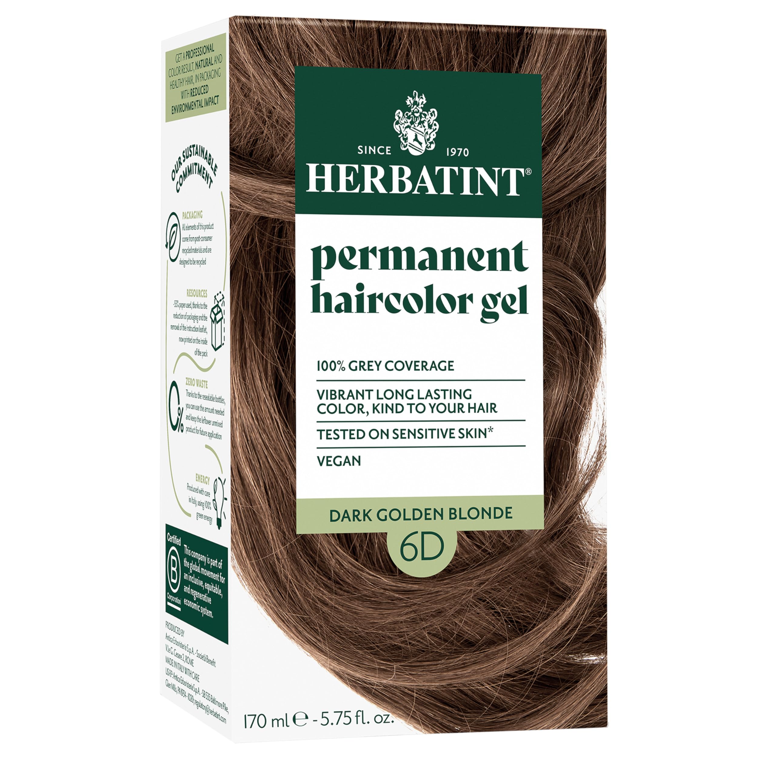 Herbatint Permanent Hair Dye For Women - 6D Dark Golden Blonde - For Up To 100% Gray Coverage of Resistant Gray Hair - Ammonia-Free, Alcohol-Free & Vegan - Salon Influenced Hair Color 5.75 fl oz