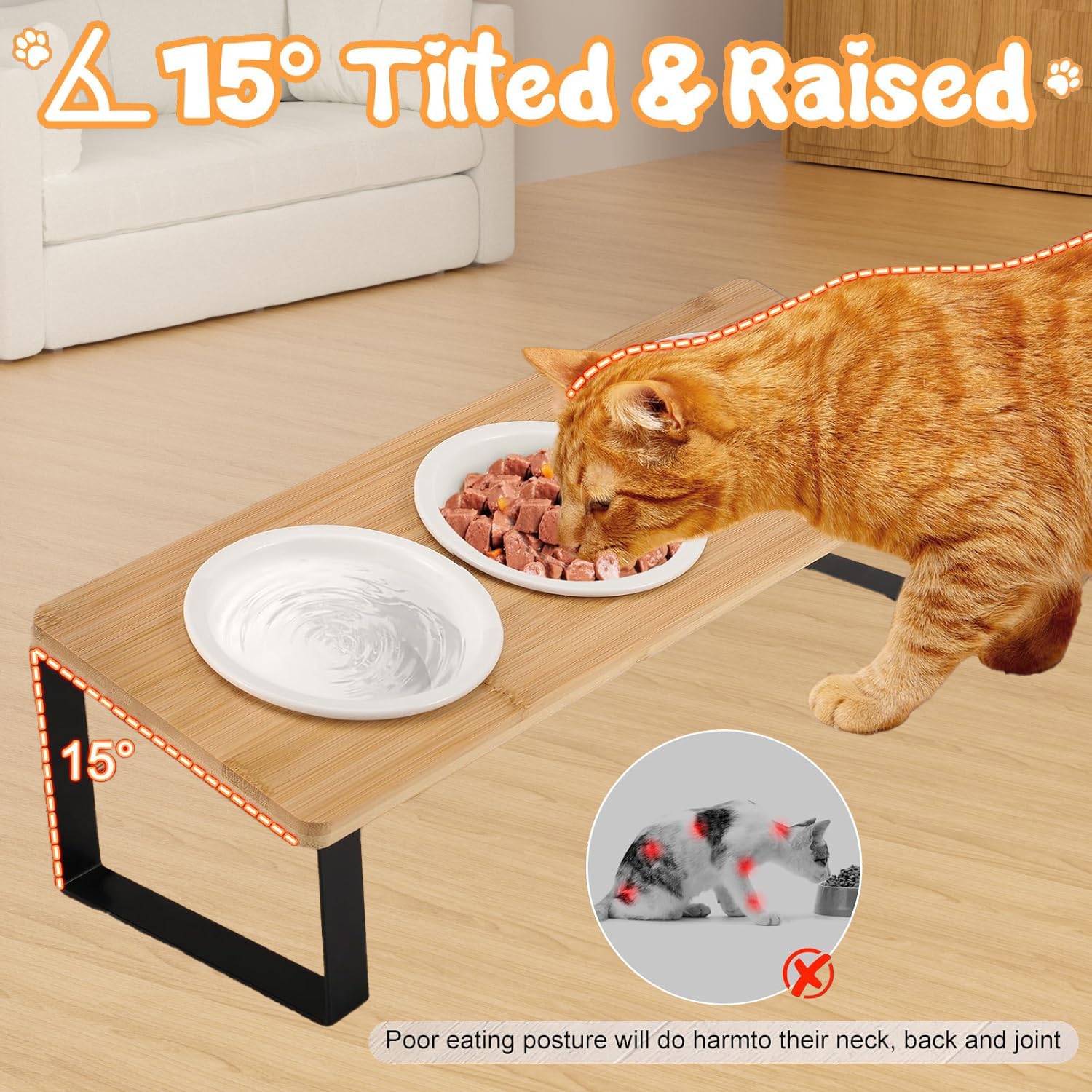 Elevated Cat Bowls with Tilted Stand, 5.5 in Wide Double Dish, Ceramic Pet Feeding Station (with 3 Ceramic Bowls&Silicone Mat) - Image 4