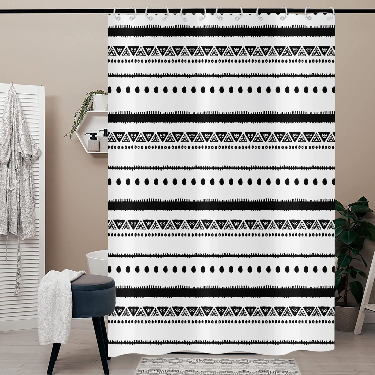 Hnmdmyi Boho Shower Curtain 240x180, Black and White Shower Curtains Farmhouse Geometric Tribal Bohemain Bathroom Curtains with Hooks Waterproof Polyester Fabric Washable Bath Curtains for Wet Room