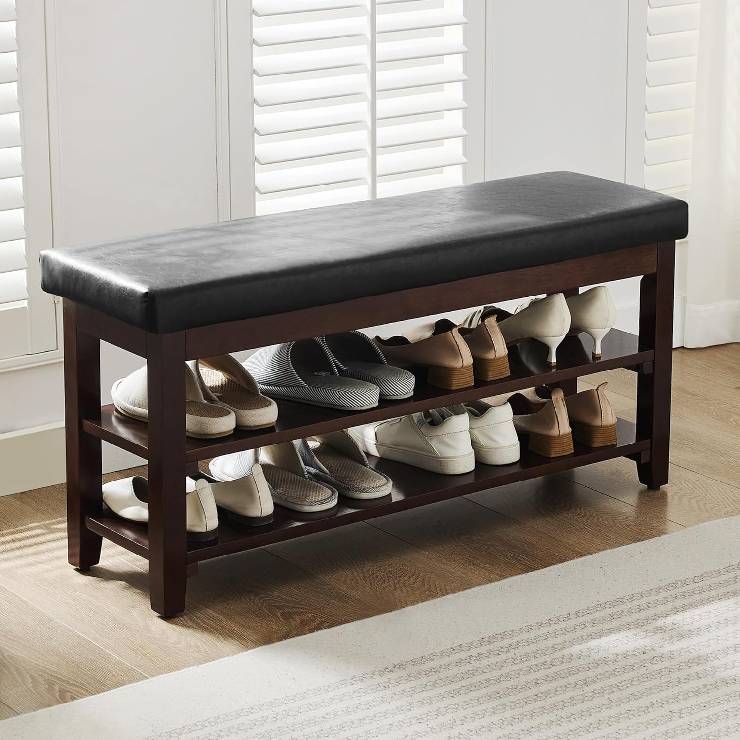40" Shoe Bench with Leather Cushion, 2-Tier Shoe Rack Entryway Bench, Wood Bench for Front Door Entrance, Mudroom, Hallway, Wooden Shoe Shelves, Shoe Organizer, Shoe Storage, Black