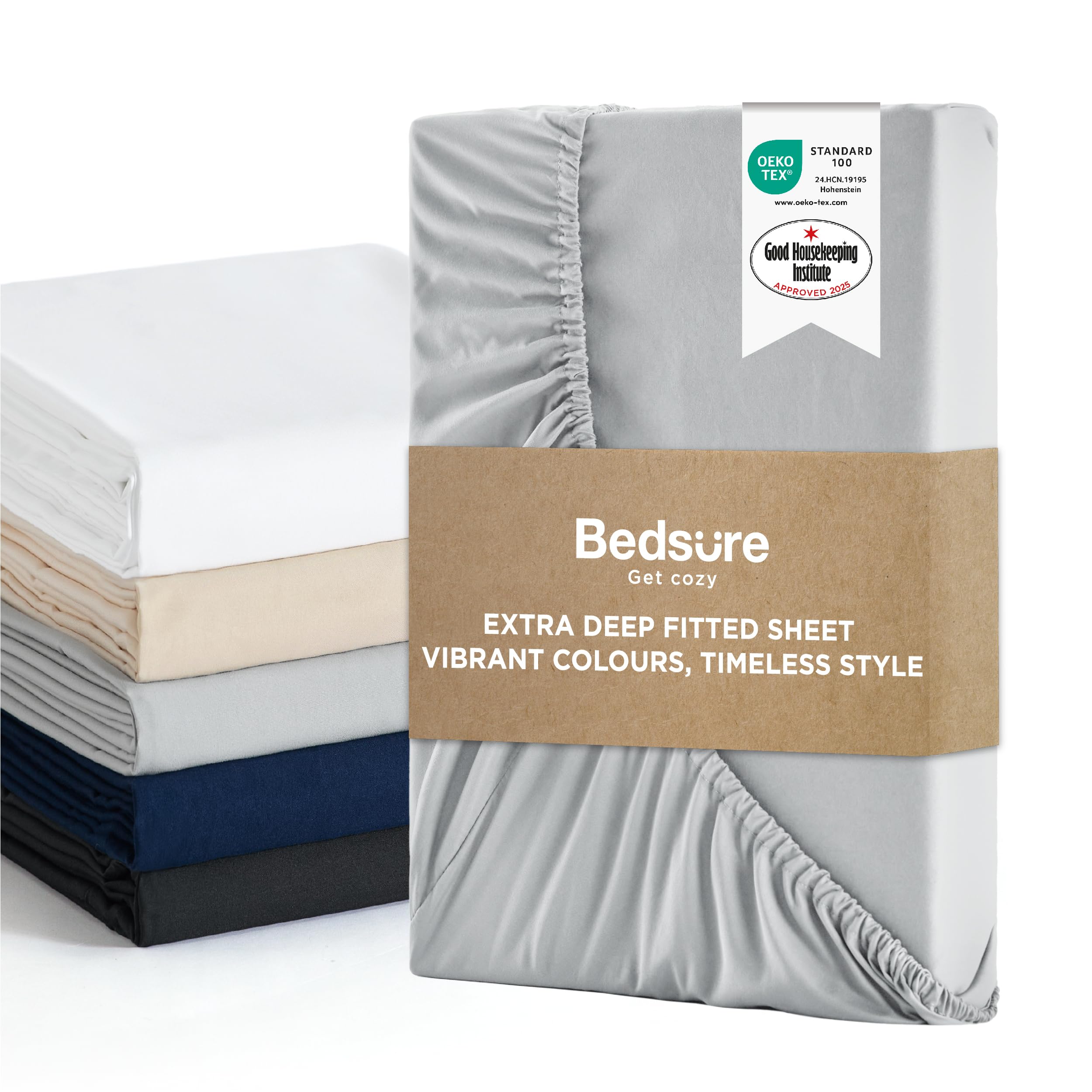 Bedsure King Size Fitted Sheets - Bed Sheets Extra Deep Pocket 16 inch (40 cm) made of Soft Brushed Microfiber for Kingsize Bed, Grey, 150x200cmOEKO-TEX STANDARD 100