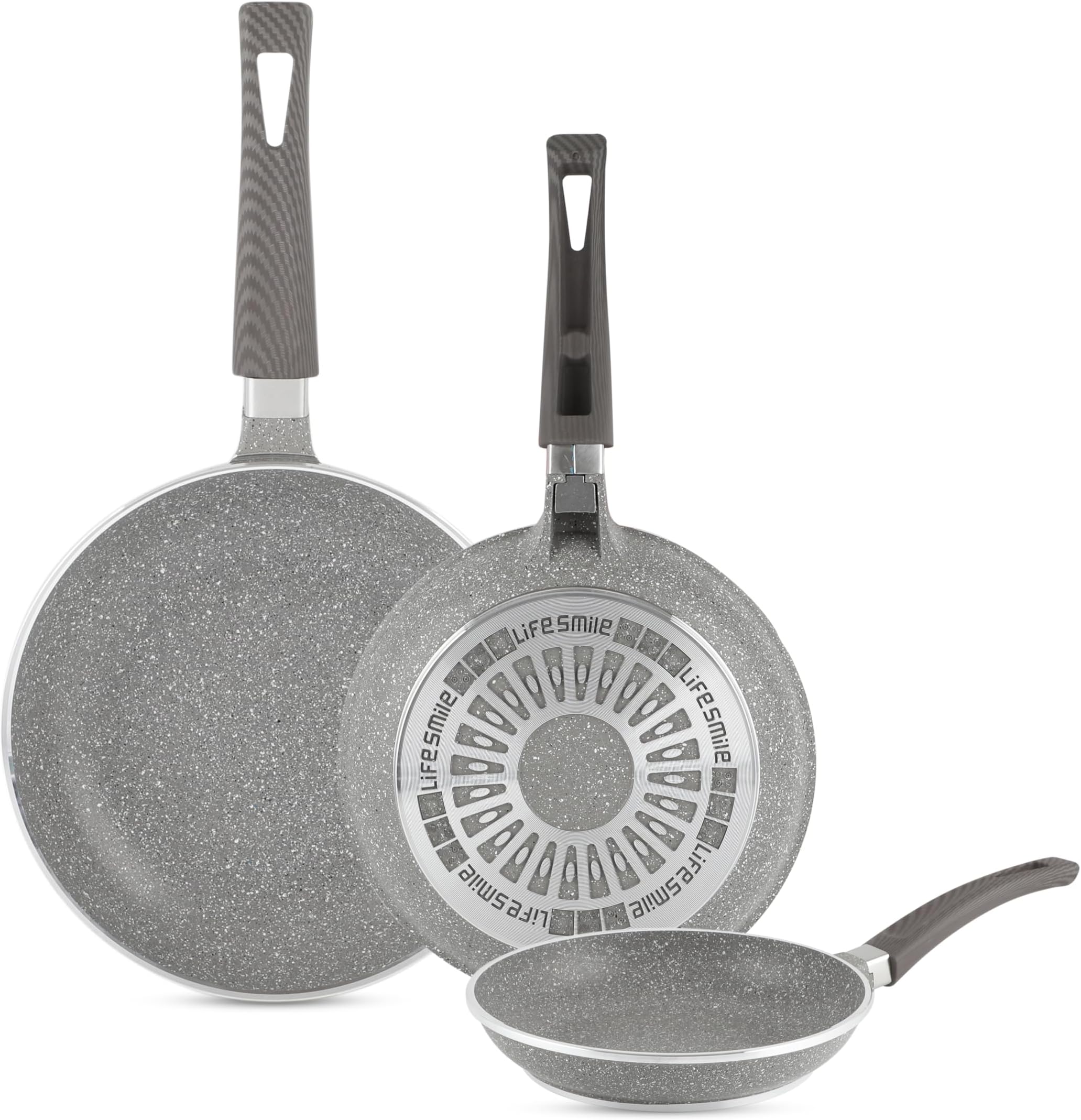 LIFE SMILE Frying Pan Set - Multi Layer Granite Coating Fry Pan | Include 20 CM, 24 CM, 28 CM Non Stick Pan | Heat-Resistant Handle Hanging Loop (Grey)