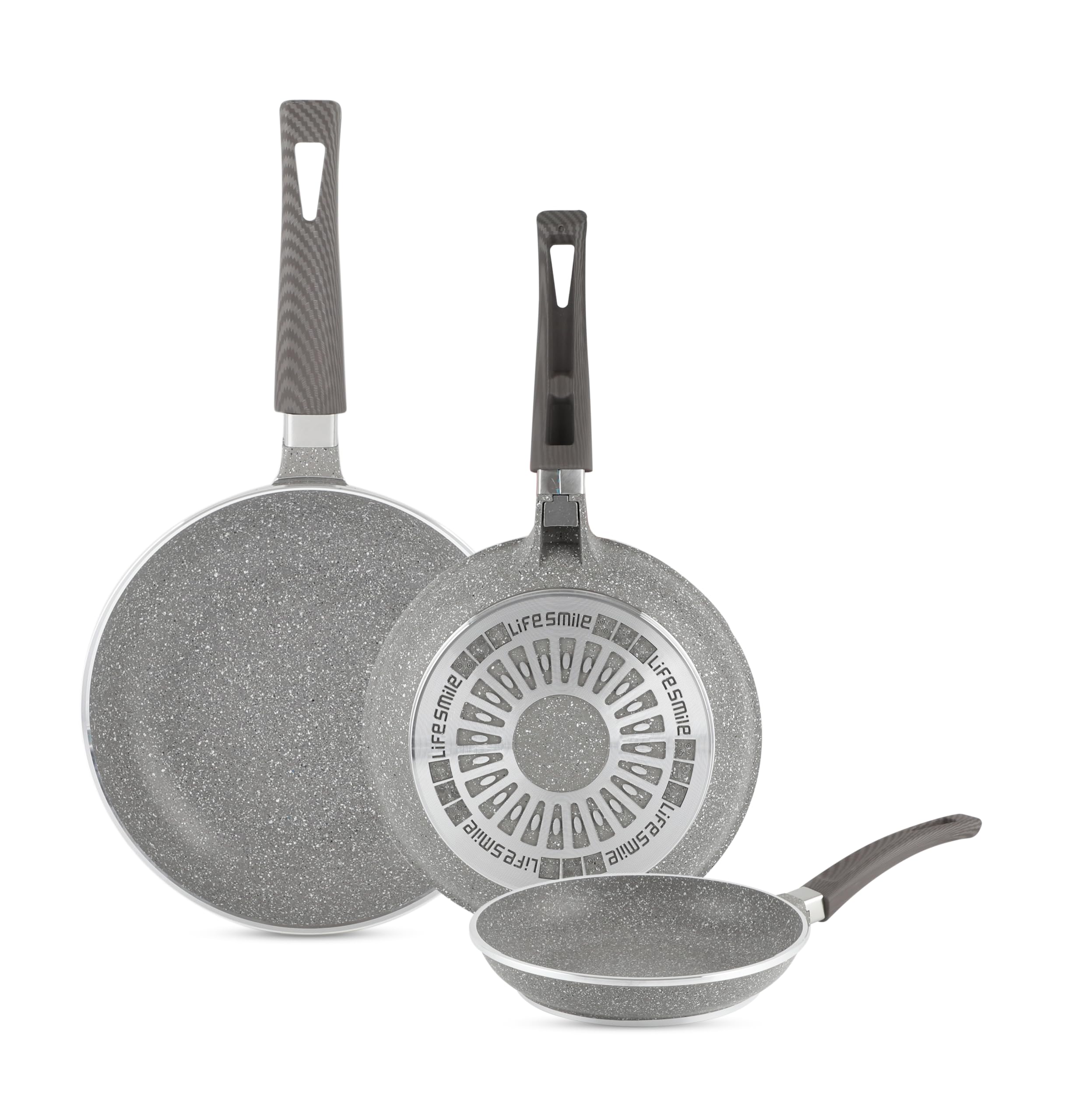 LIFE SMILEFrying Pan Set - Multi Layer Granite Coating Fry Pan | Include 20 CM, 24 CM, 28 CM Non Stick Pan | Heat-Resistant Handle Hanging Loop (Grey)