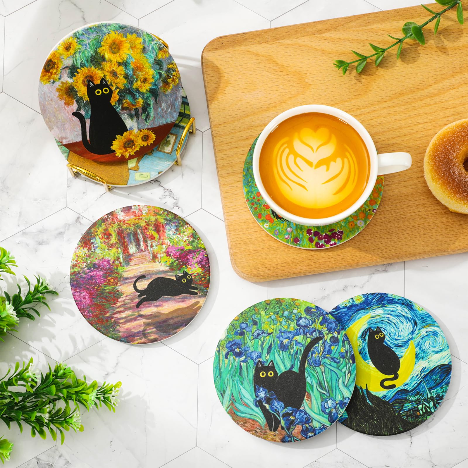 FYSUIMU Untersetzer, Motiv: schwarze Katze, Keramik, niedliche Blume, saugfähig, für Frühling, Zuhause, Küche, Party, Tischdekoration, 6 Stück