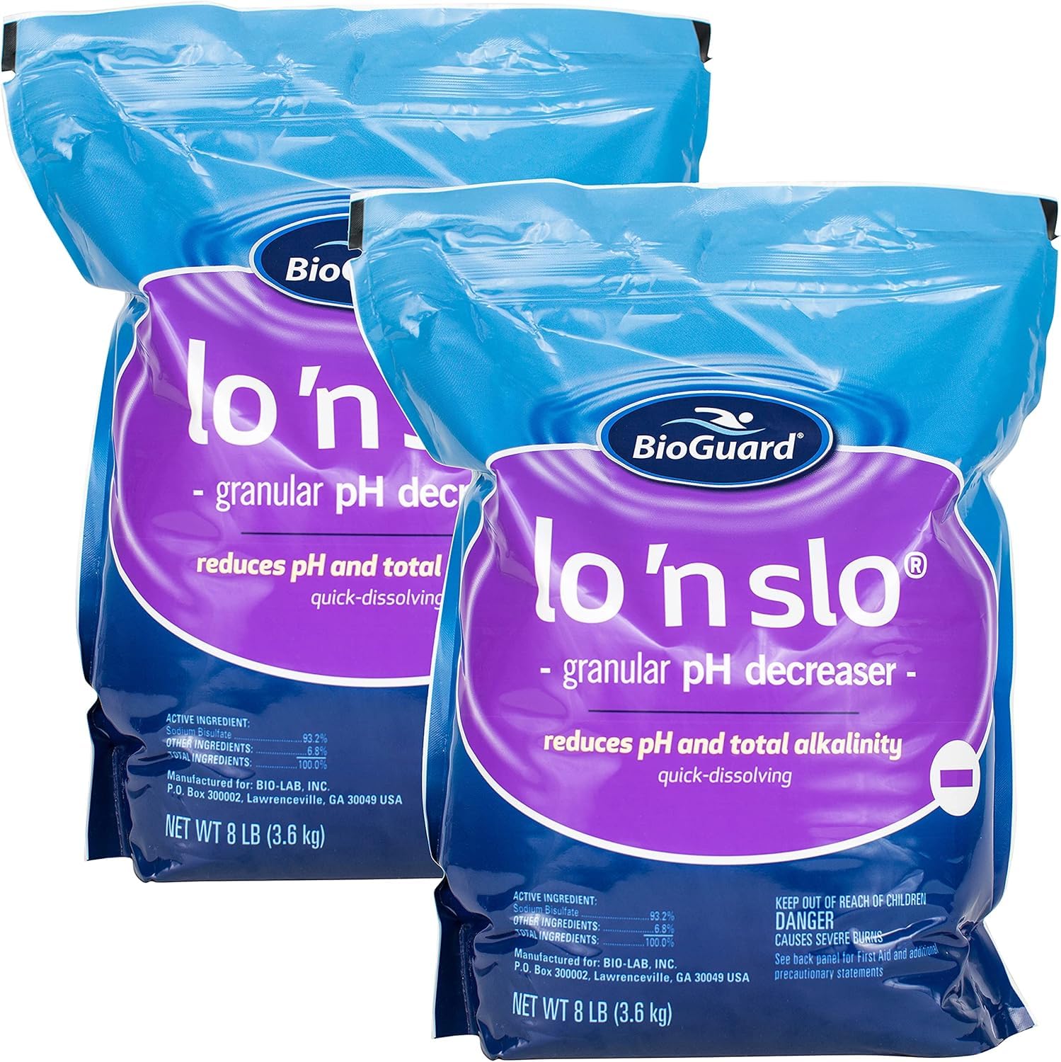 BioGuard Lo 'N Slo, 8 lb, Pack of 2, Granular pH Decreaser, Total Alkalinity Balancer, Quick Dissolving, Secure Handling, Suitable for All Pool Types