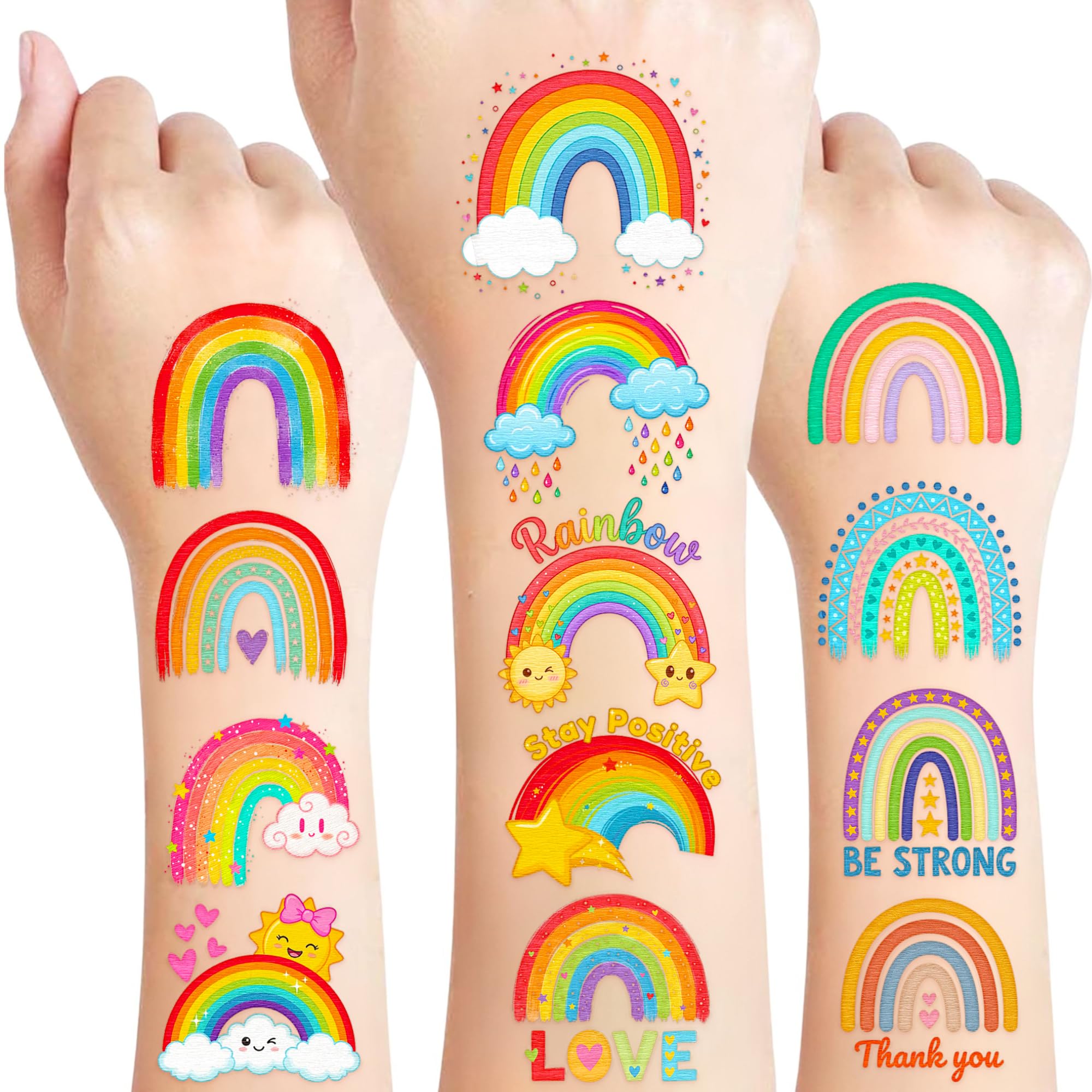 96Pcs Rainbow Temporary Tattoos Stickers - Colorful Rainbow Birthday Decorations Party Favors Décor Accessories Supplies Gift Idea For Kids Boy Girl Classroom Prizes Rewards