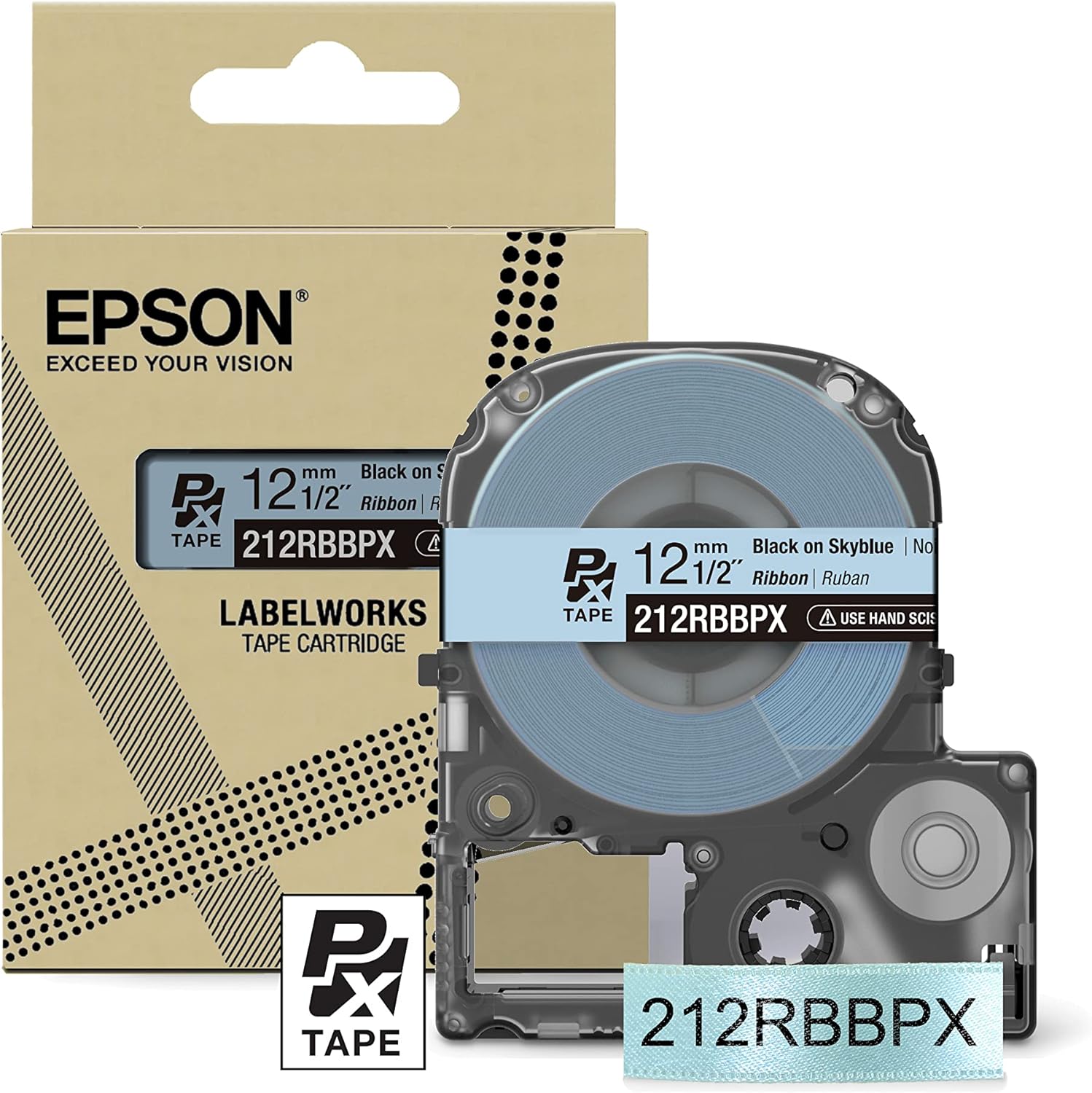 Epson LABELWORKS 212RBBPX Genuine PET (Polyester) Tape Cartridge - Black on Blue Ribbon Designer Craft Label Maker Tape - 1/2" (12MM) Wide, 16'