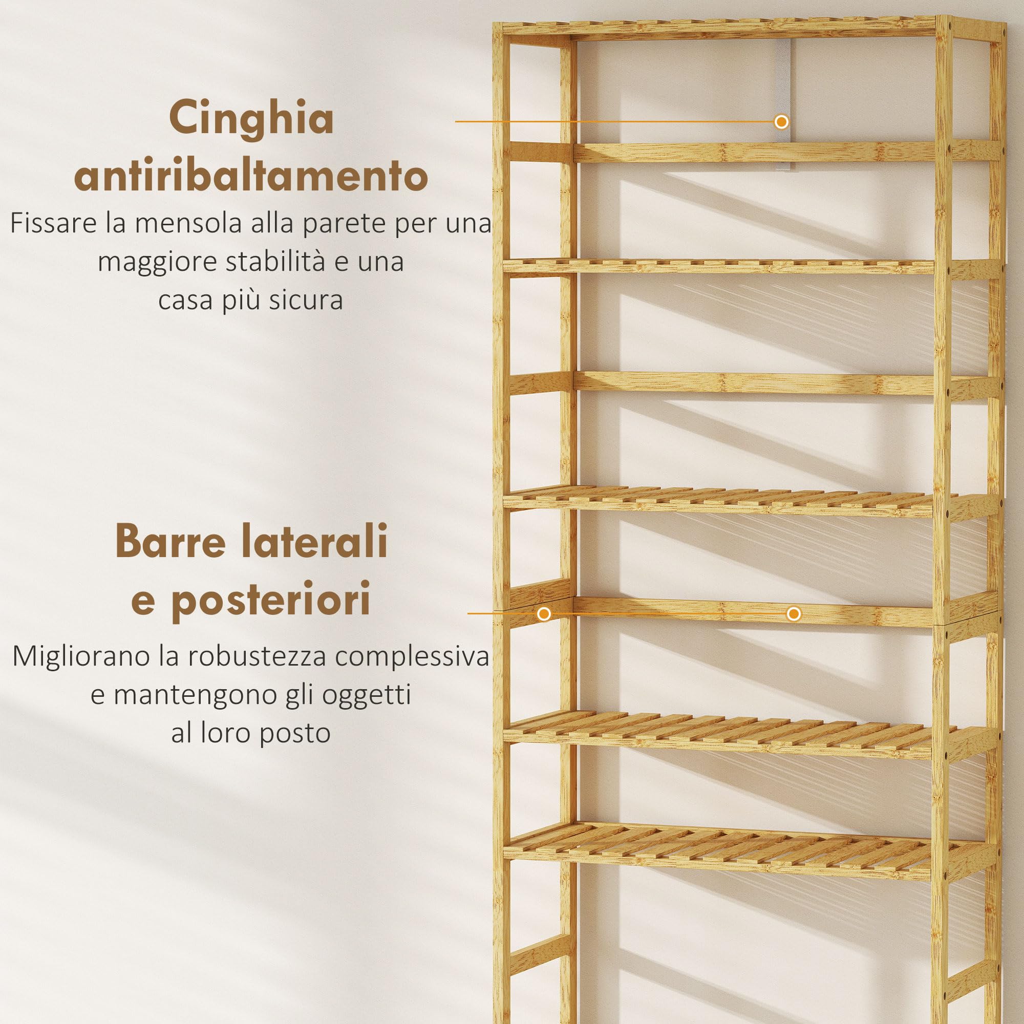 HOMCOM Scaffale Portaoggetti in Bambù a 6 Ripiani, Libreria Scaffale Moderno con Ripiani Regolabili, per Bagno, Soggiorno, Camera da Letto, Studio e Ufficio, Legno Naturale