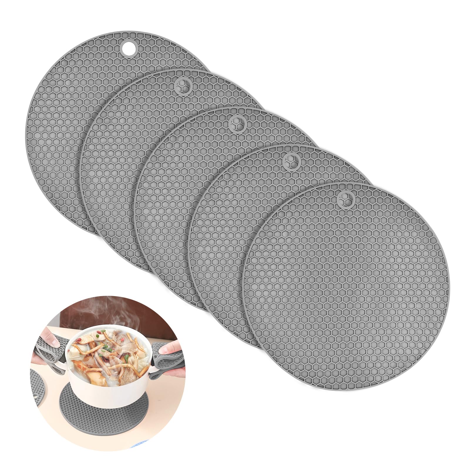 5 Pcs Thickened silicone trivet heat resistant mats for kitchen,Non Slip Flexible silicone mats Large Coasters,for Kitchen Counter,Hot Pans,heat proof mat Kitchen Accessories (Grey)