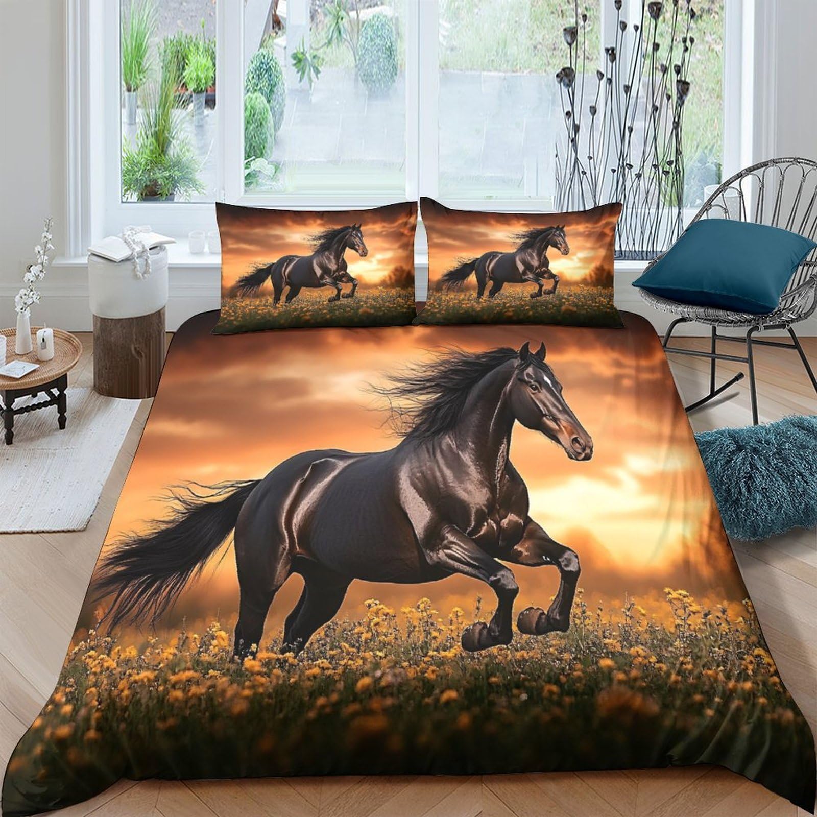 Ctjqhvkz Style-10 3D Printed Black Horse Fitted Sheet Microfiber Sunset Landscape Mattress Cover For Bedroom Guest Room Decor Single（135X200cm）