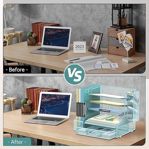 Miniatura 7 de DALTACK Organizador de escritorio de malla, bandeja de papel de 5 niveles con soporte para archivos, soporte para bolígrafo y cajón deslizante,