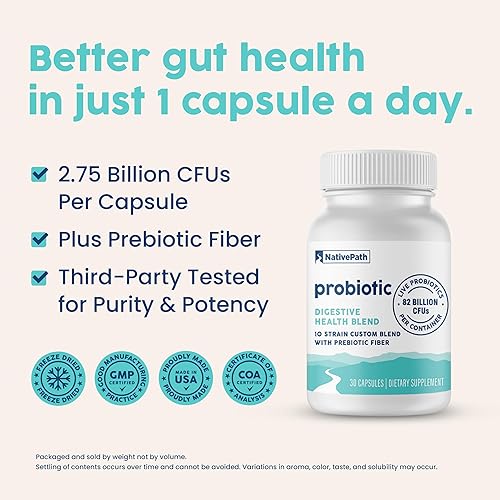 Miniatura 4 de NativePath Probiótico diario, suplemento de probióticos de mezcla personalizada de 10 cepas para hombres y mujeres, 82 mil millones de UFC, 45