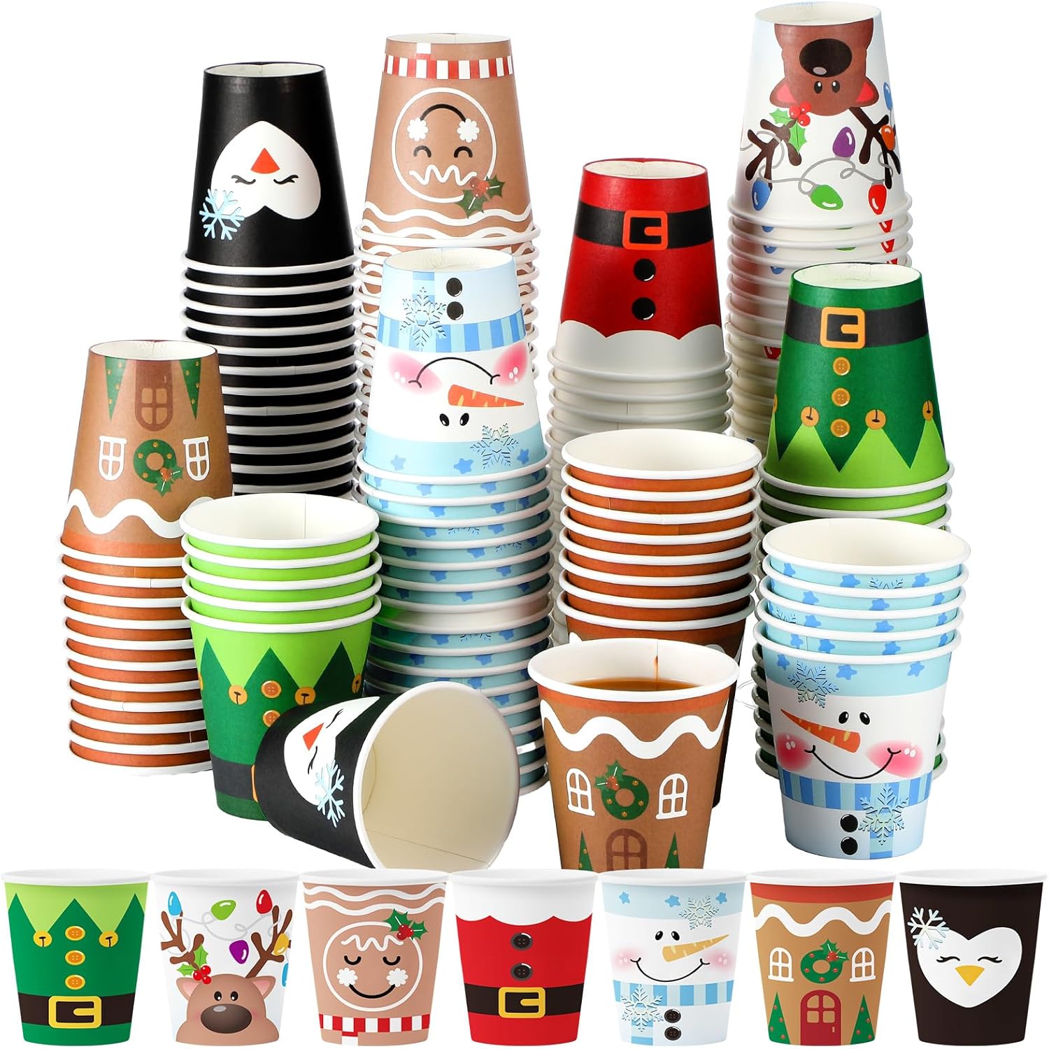 Qinyoung 140 Pcs Christmas Paper Cup Christmas Disposable Coffee Cups Santa Elk Snowman Penguin 9oz Holiday Drinking Tea Paper Xmas Party Supplies for Hot Cold Beverage Chocolate Tea Cocoa(Winter Fun)