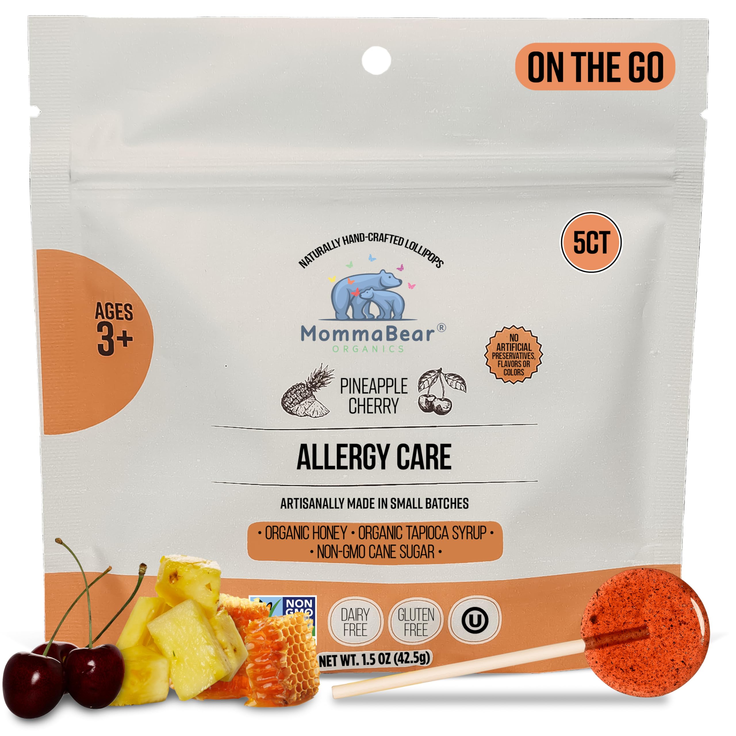 MommaBear Allergy Care Organic Lollipops – Pineapple, Tart Cherry & Honey Healthy Snacks for Kids 3+ – Allergy Soothing, Support Overall Wellbeing –
