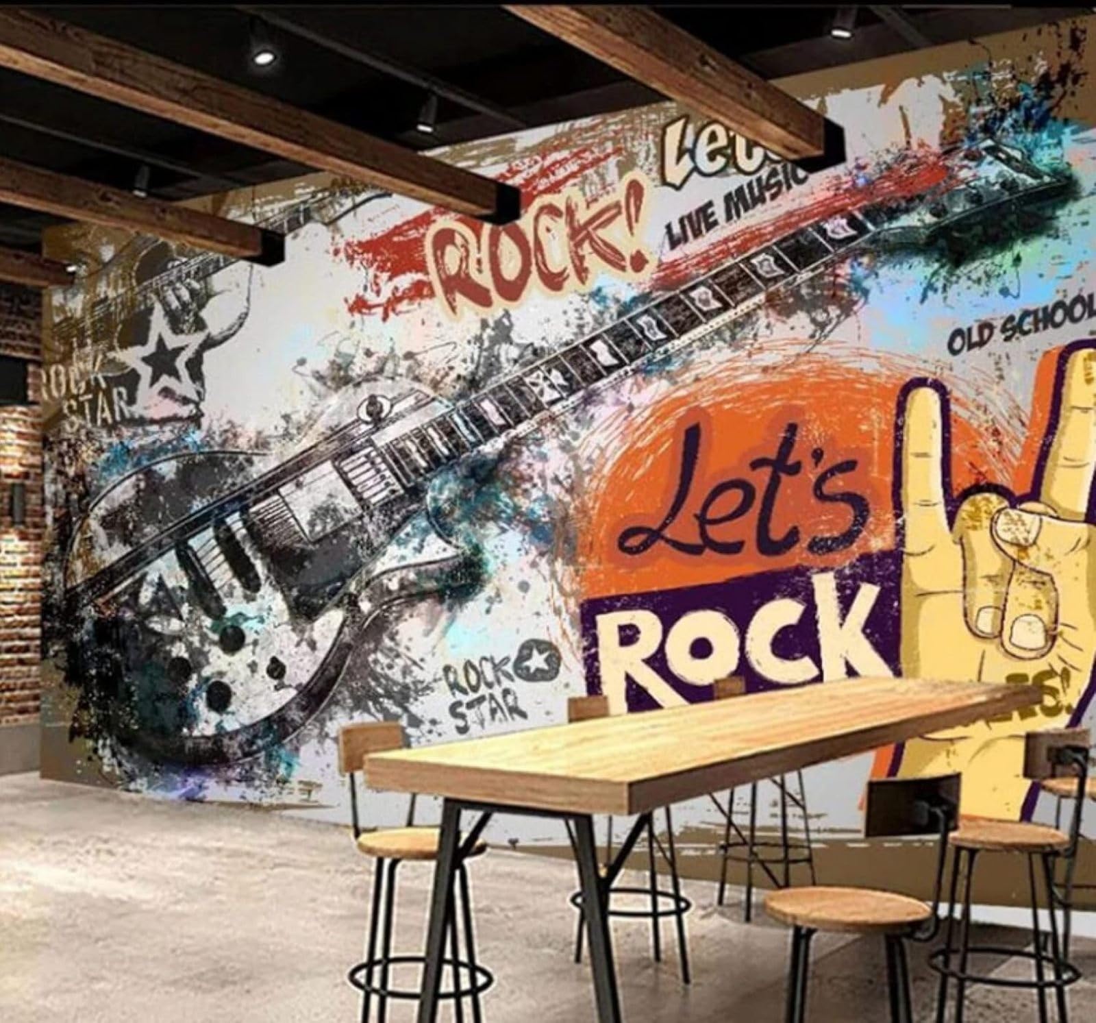 Retro Abstract Graffiti Guitar Rock Music 3D Wallpaper Easy Install Feature Office Living Room Sofa Bedroom TV Background Wall Decoration-150cm×105cm