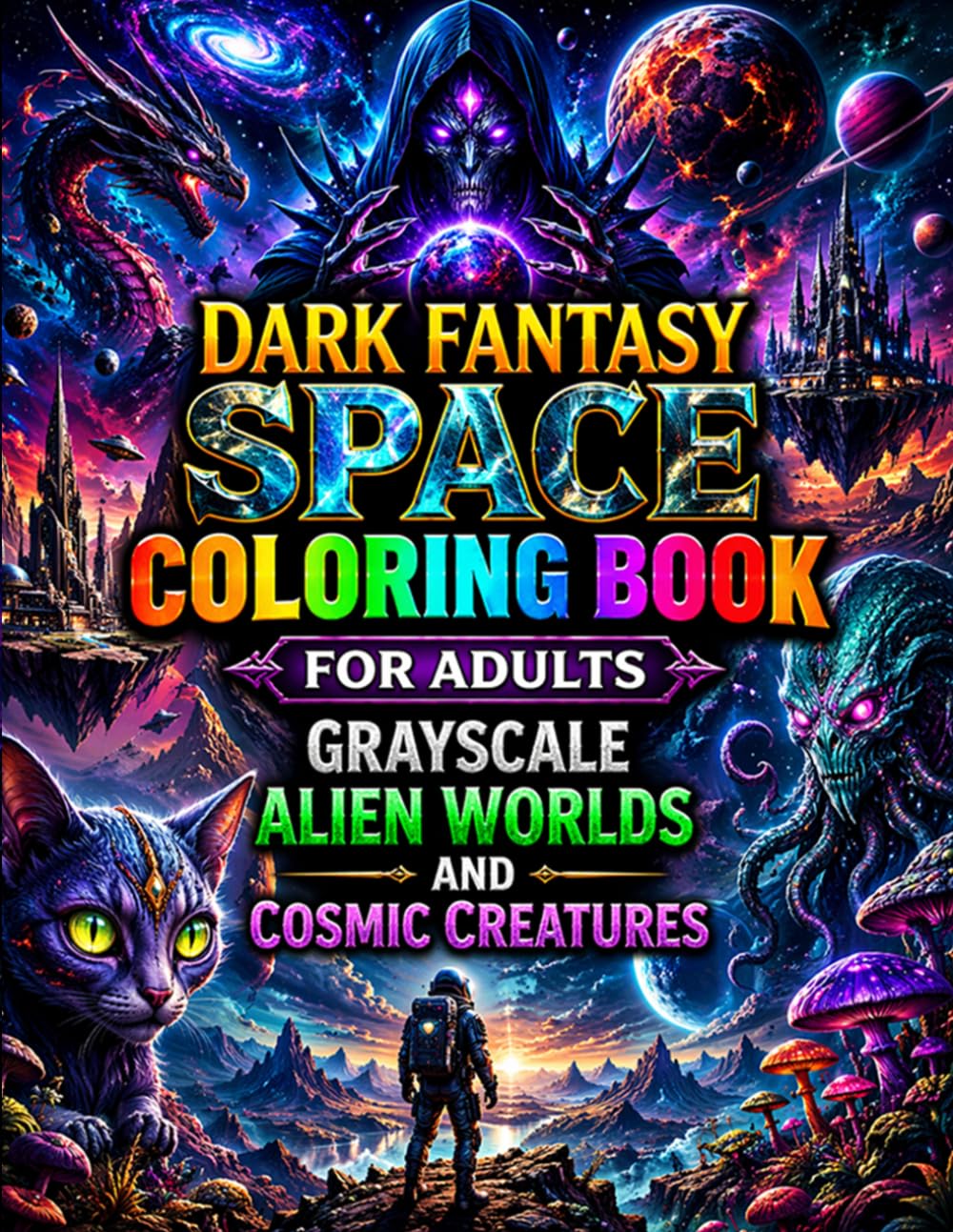 Dark Fantasy Space Coloring Book for Adults Grayscale Alien Worlds and Cosmic Creatures: Relaxing Black Background Coloring Pages with Mythical Planets Sci Fi Art and Stress Relief Designs