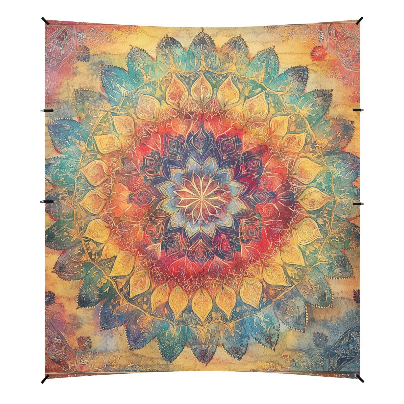 Bohemian Boho Vintage Mandala Style Flower Foldable Beach Tent UPF50+ Lightweight Large Sun Shade with Sandbags, Sand Shovel, Poles for Backyard and Camping