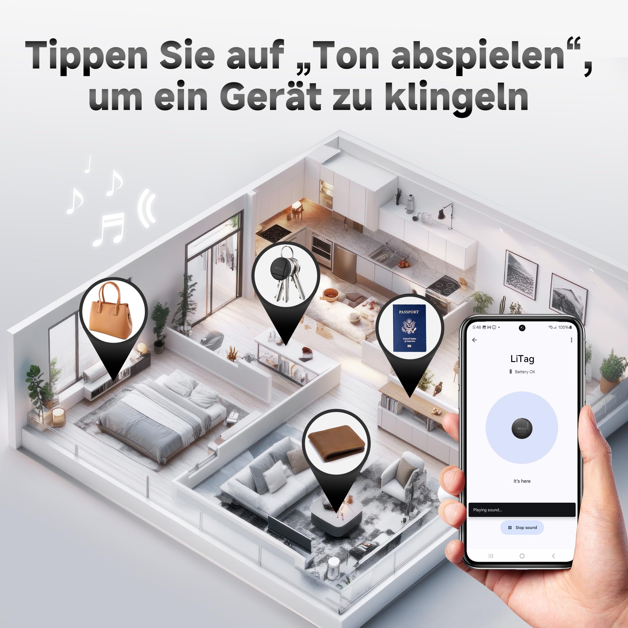 MiLi LiTag Android Smart Tracker, portachiavi localizzatore compatibile con l’app “Find Hub di Google” (solo Android), tracker Bluetooth per valigia/borsa/portafoglio/chiavi (Nero-1 confezione)