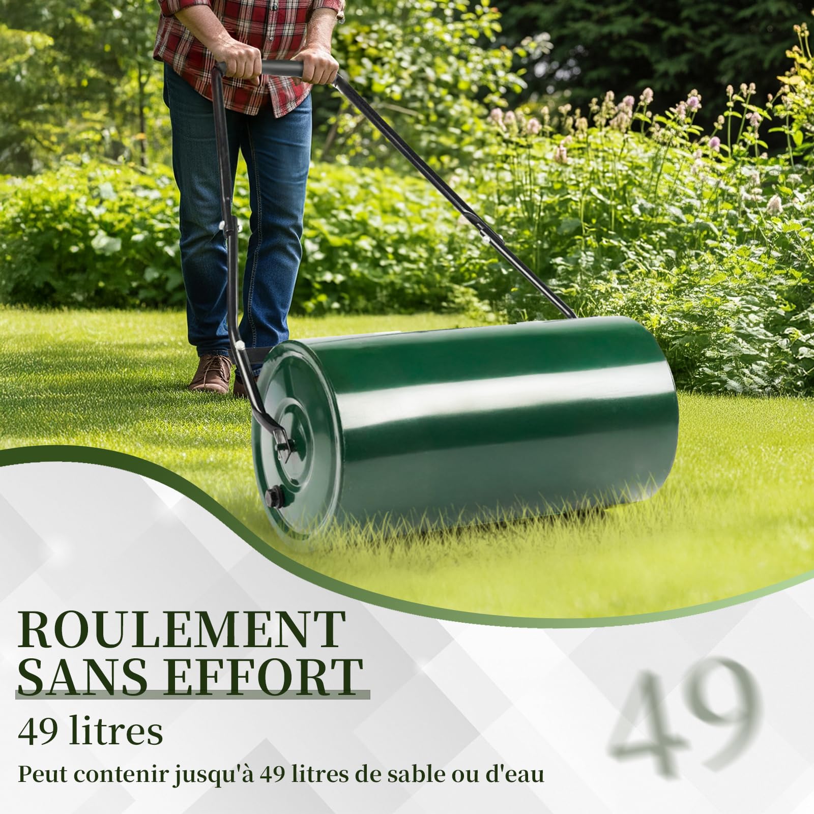 LEADZM Rouleau Gazon 50 L, Surface de Contact 60 cm, diamètre 32 cm – remplissable de Sable ou d'eau, Rouleau aérateur de pelouse, poignée rembourrée, Confortable et Efficace
