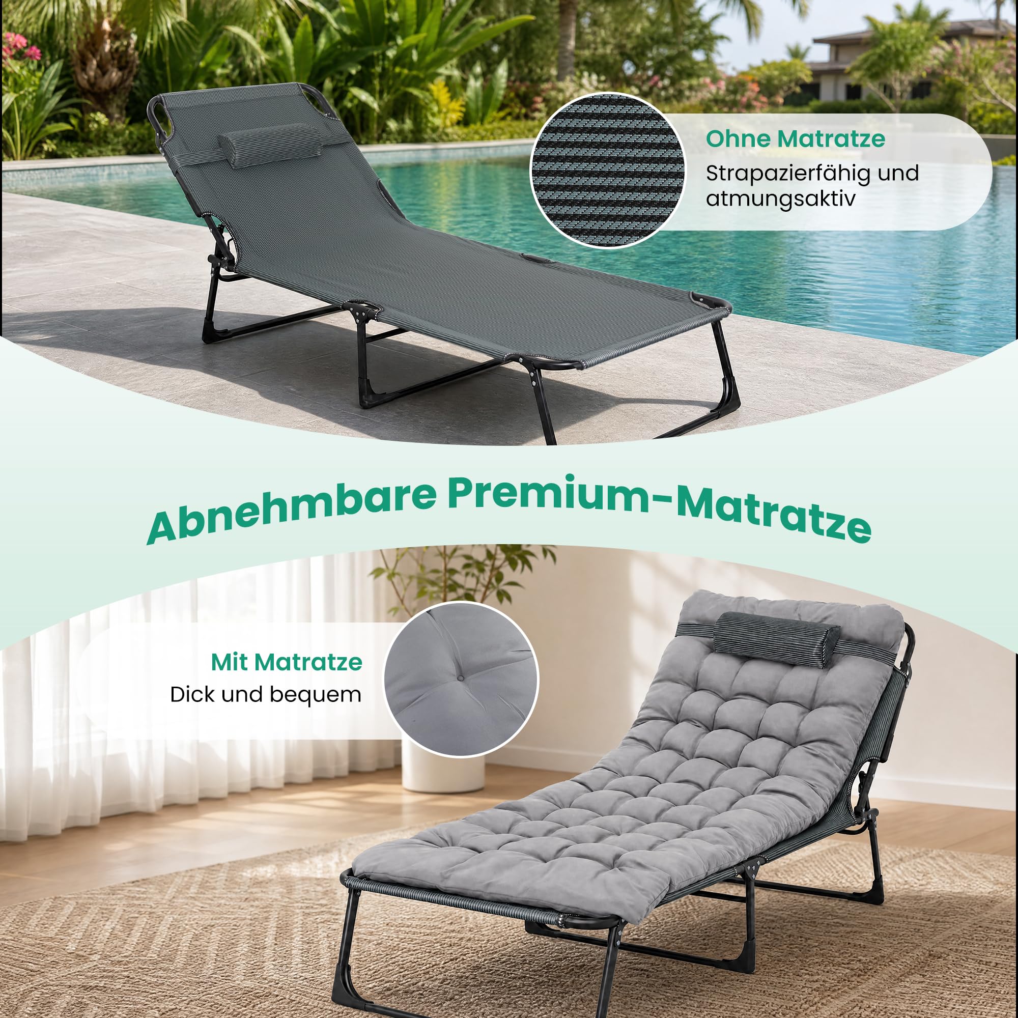 Campingbett Feldbett klappbar 190×68×30 cm, Tragfähigkeit 200 KG, Faltbar Gästebett Klappbett mit Matratze und Kopfstütze für Balkon, Garten, Strand, Büro (Grau)
