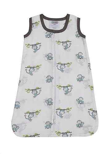 Bacati - Saco de dormir de muselina Happy Monkeys (manta portátil) (M, azulgris)